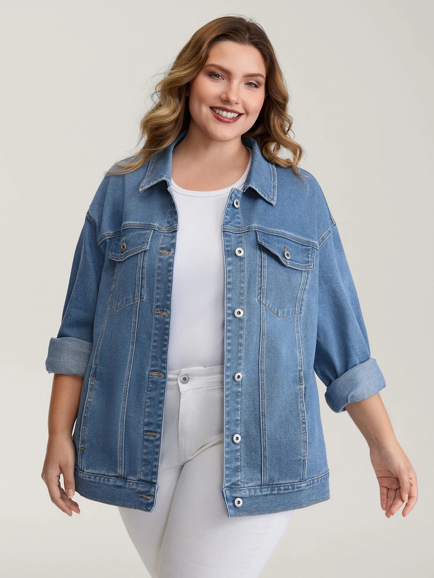 Supersoft Chest Flaps Button-Down Denim Jacket sold by Bloomchic