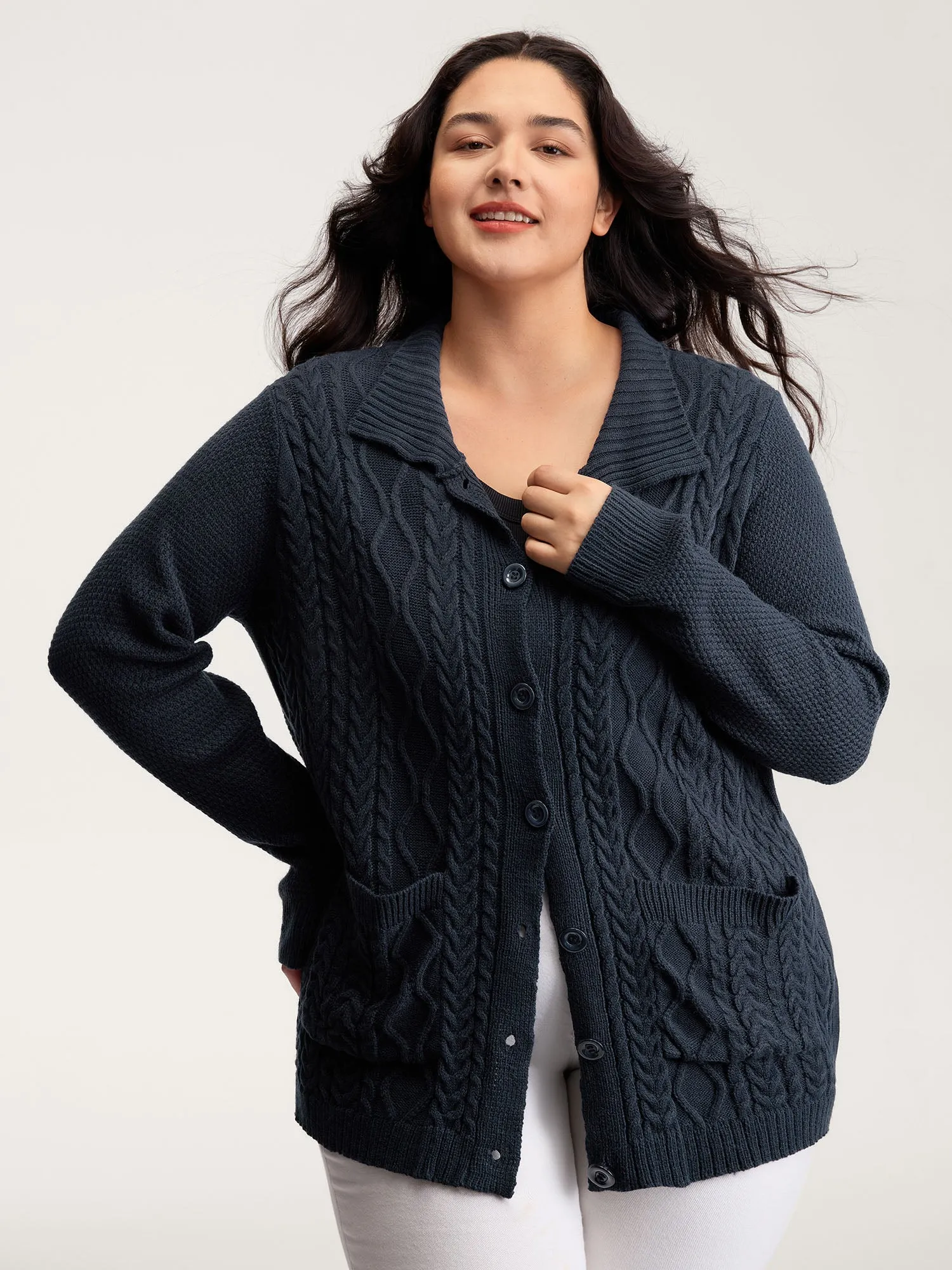 Mixed Texture Cable Stitch Pockets Knit Cardigan sold by Bloomchic