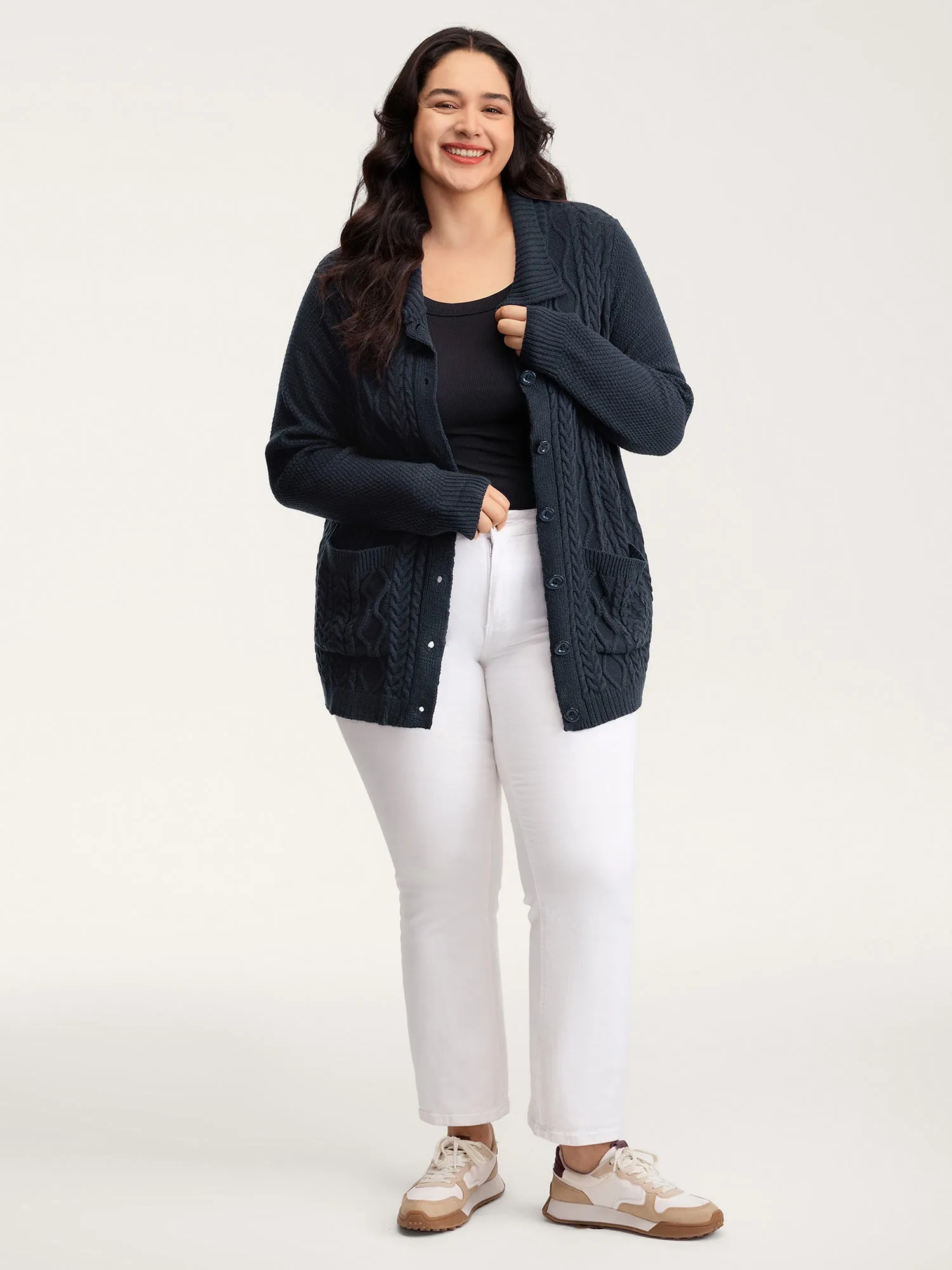 Mixed Texture Cable Stitch Pockets Knit Cardigan sold by Bloomchic product image thumbnail 3