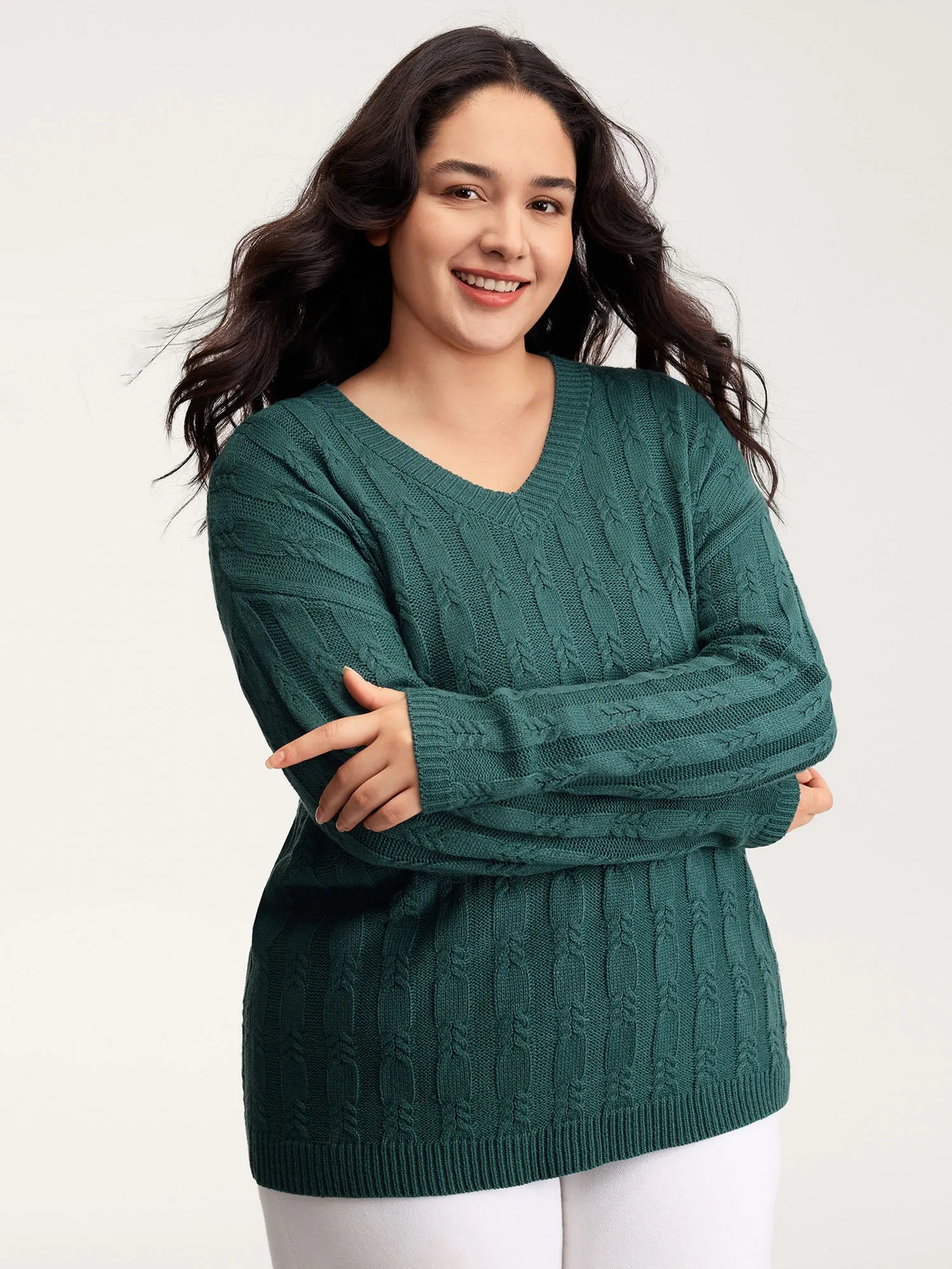 Cable Knit Textured V-Neck Pullover sold by Bloomchic