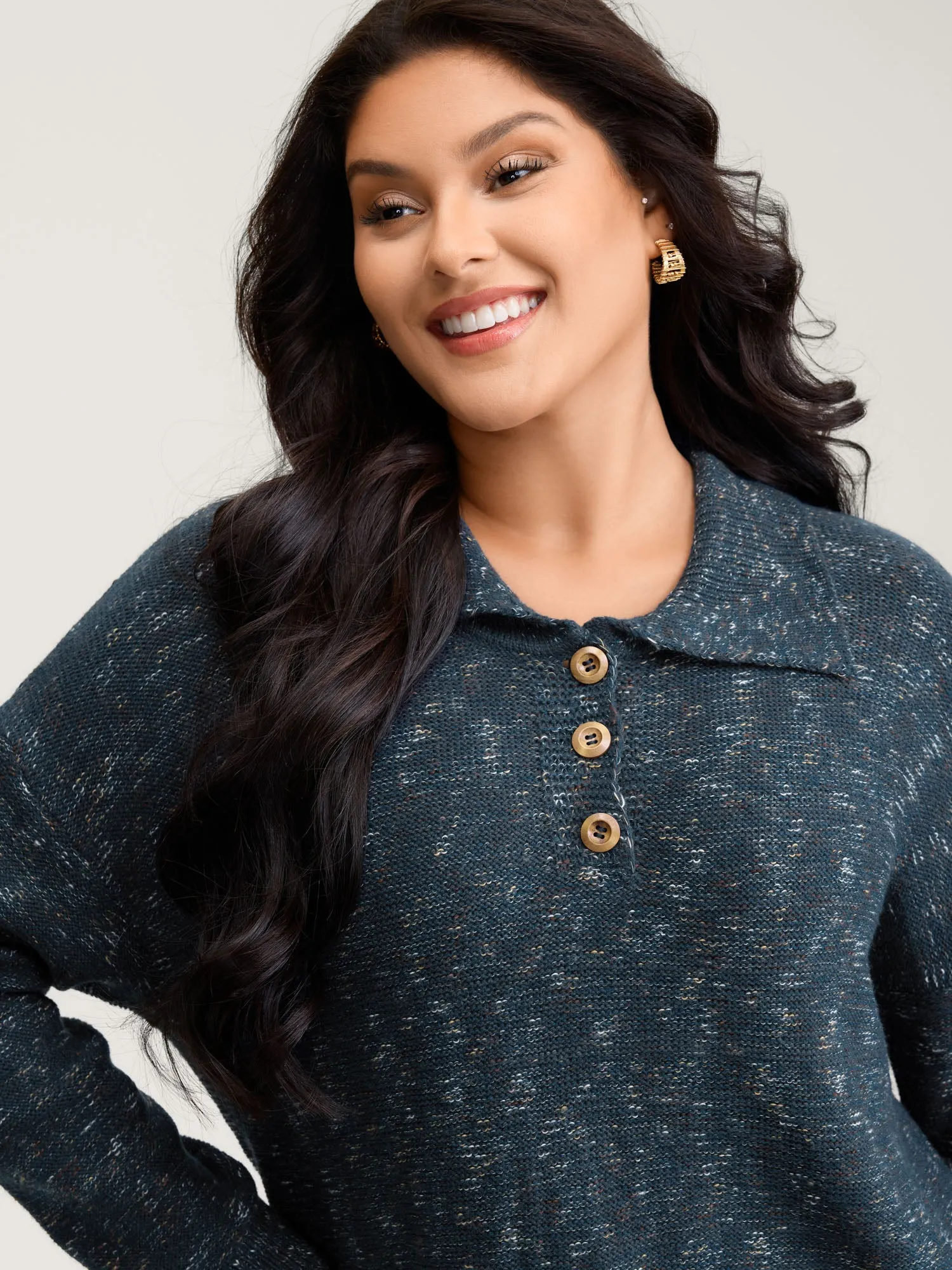 Heather Polo Collar Button Pullover sold by Bloomchic