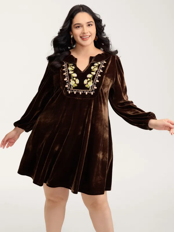 Velvet Floral Embroidered Neckline Knee-Length Dress sold by Bloomchic