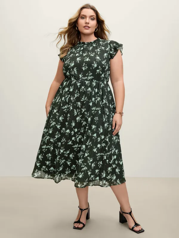 Textured Silhouette Flower Stretchy Collar Midi Dress sold by Bloomchic