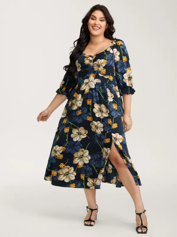 Floral Print Triangular Waist Cinched Midi Dress sold by Bloomchic