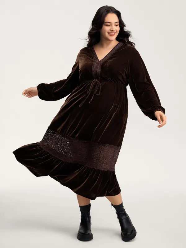 Velvet Lace Trim Waist-Tie Maxi Dress sold by Bloomchic