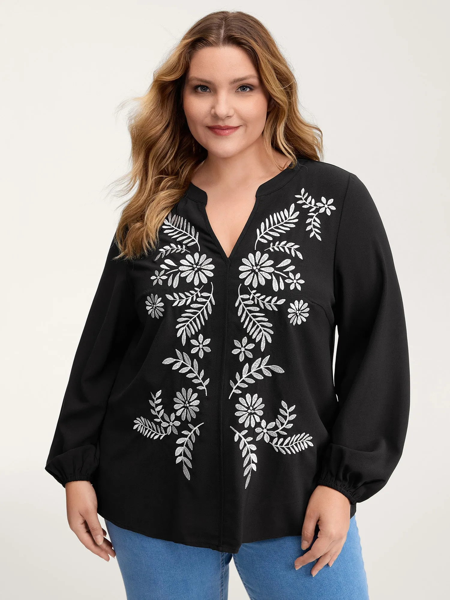 Floral Color Contrast Embroidery Blouse sold by Bloomchic