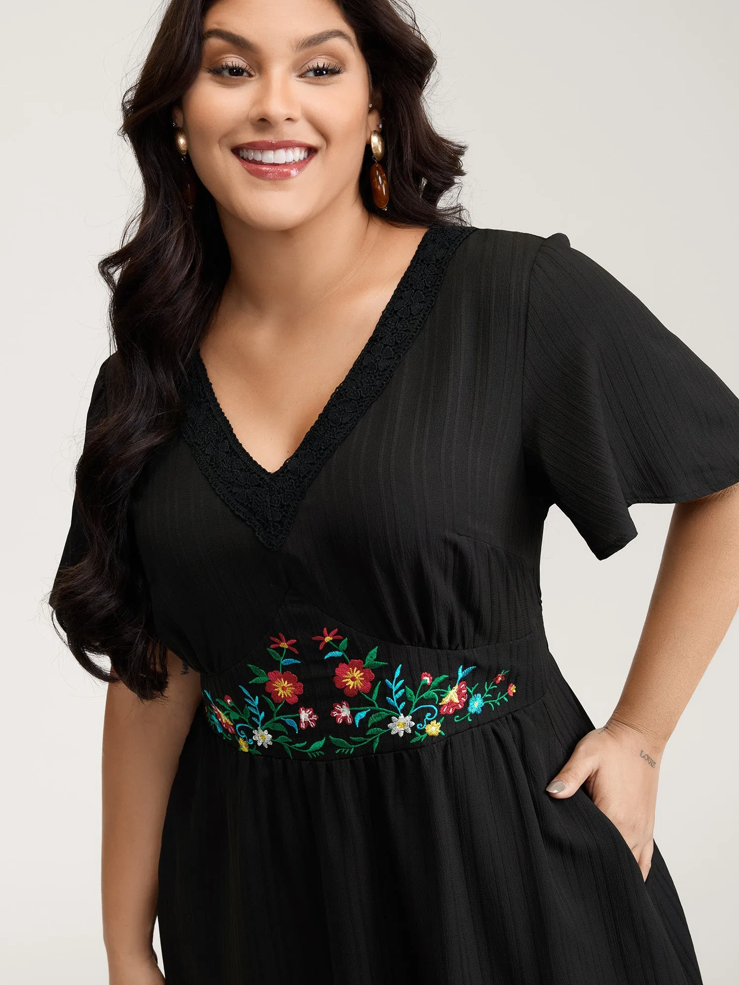 Floral Embroidered Waist Lace Trim Midi Dress sold by Bloomchic product image thumbnail 2