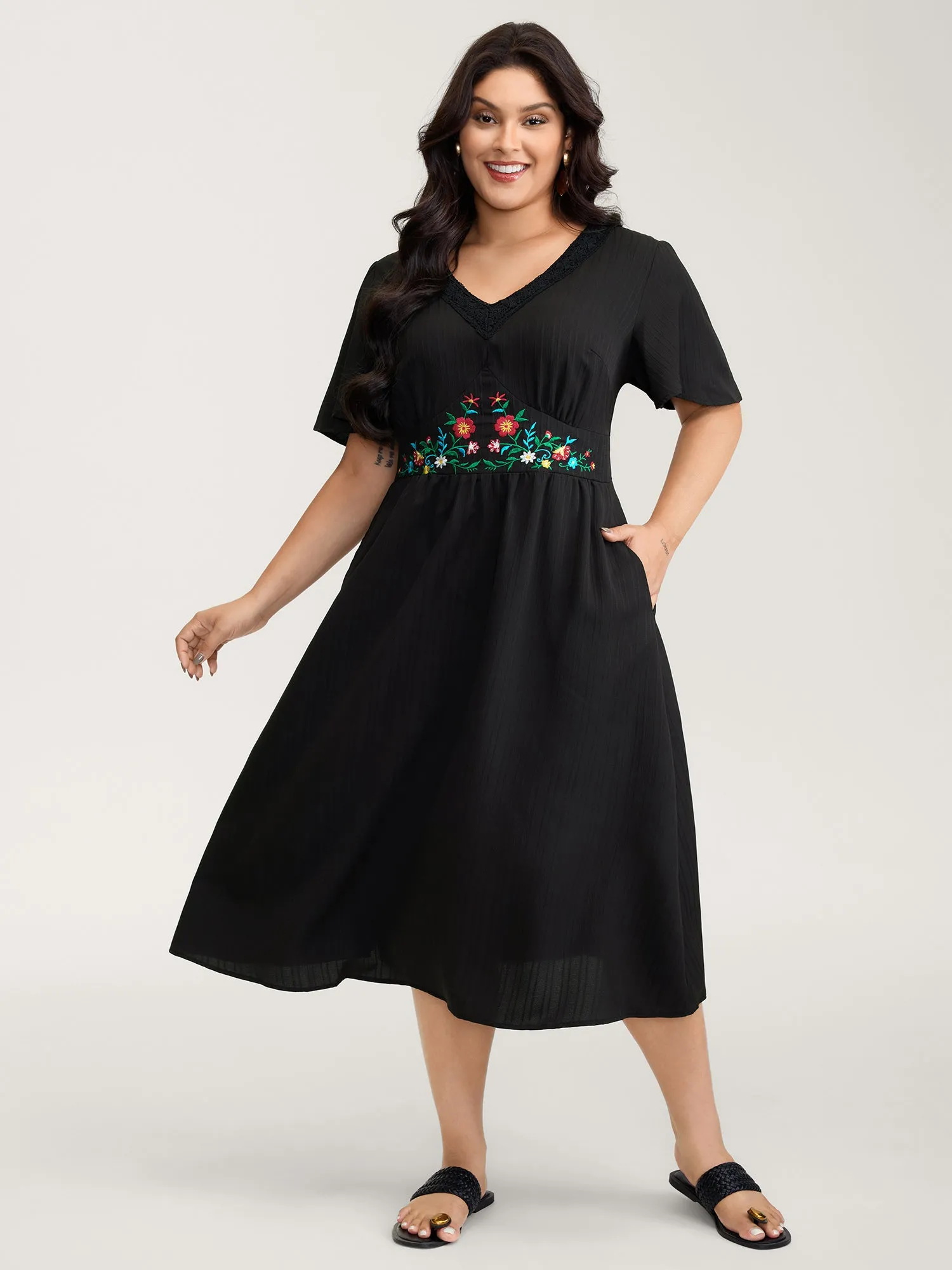 Floral Embroidered Waist Lace Trim Midi Dress sold by Bloomchic