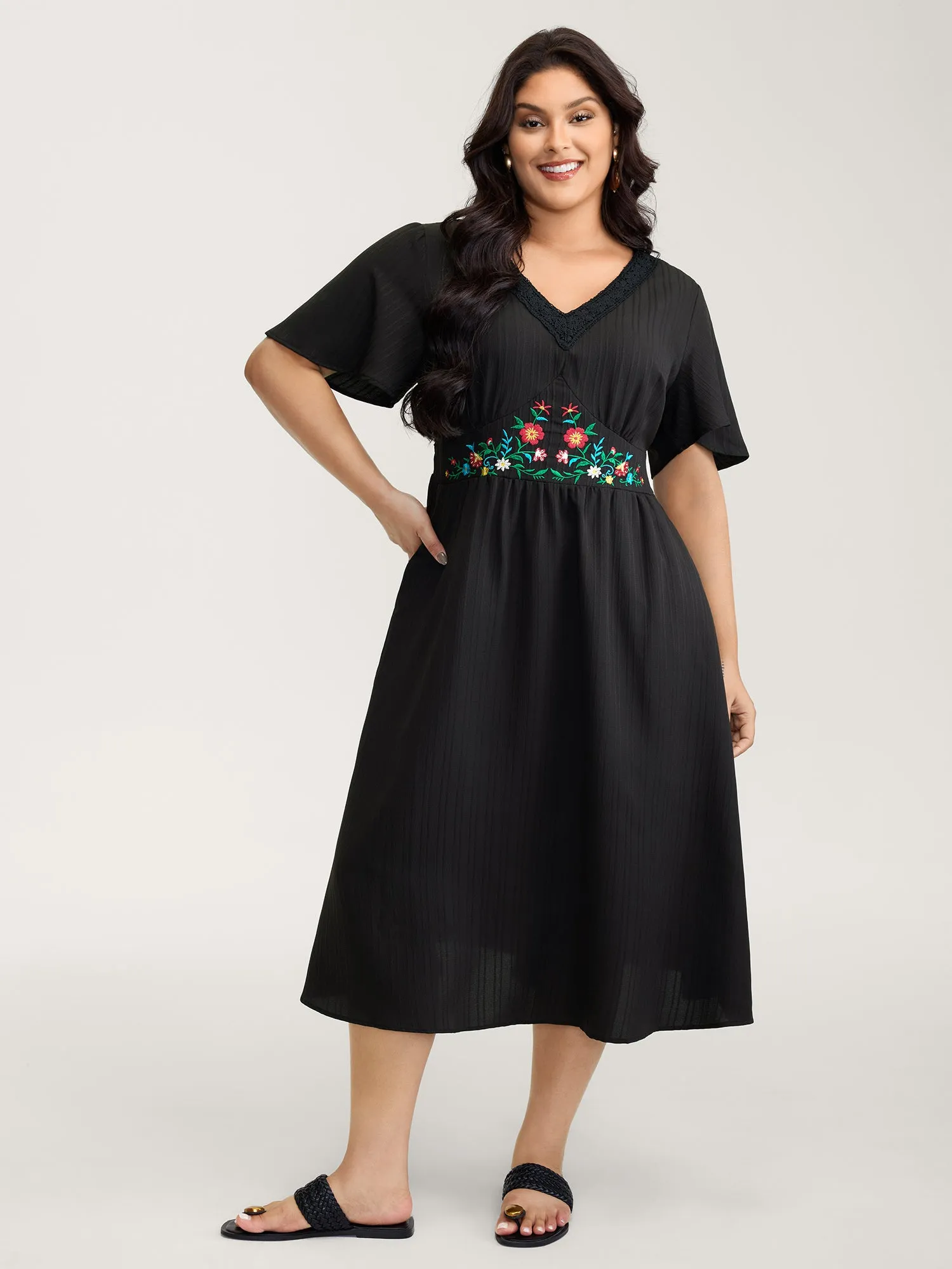 Floral Embroidered Waist Lace Trim Midi Dress sold by Bloomchic product image thumbnail 3