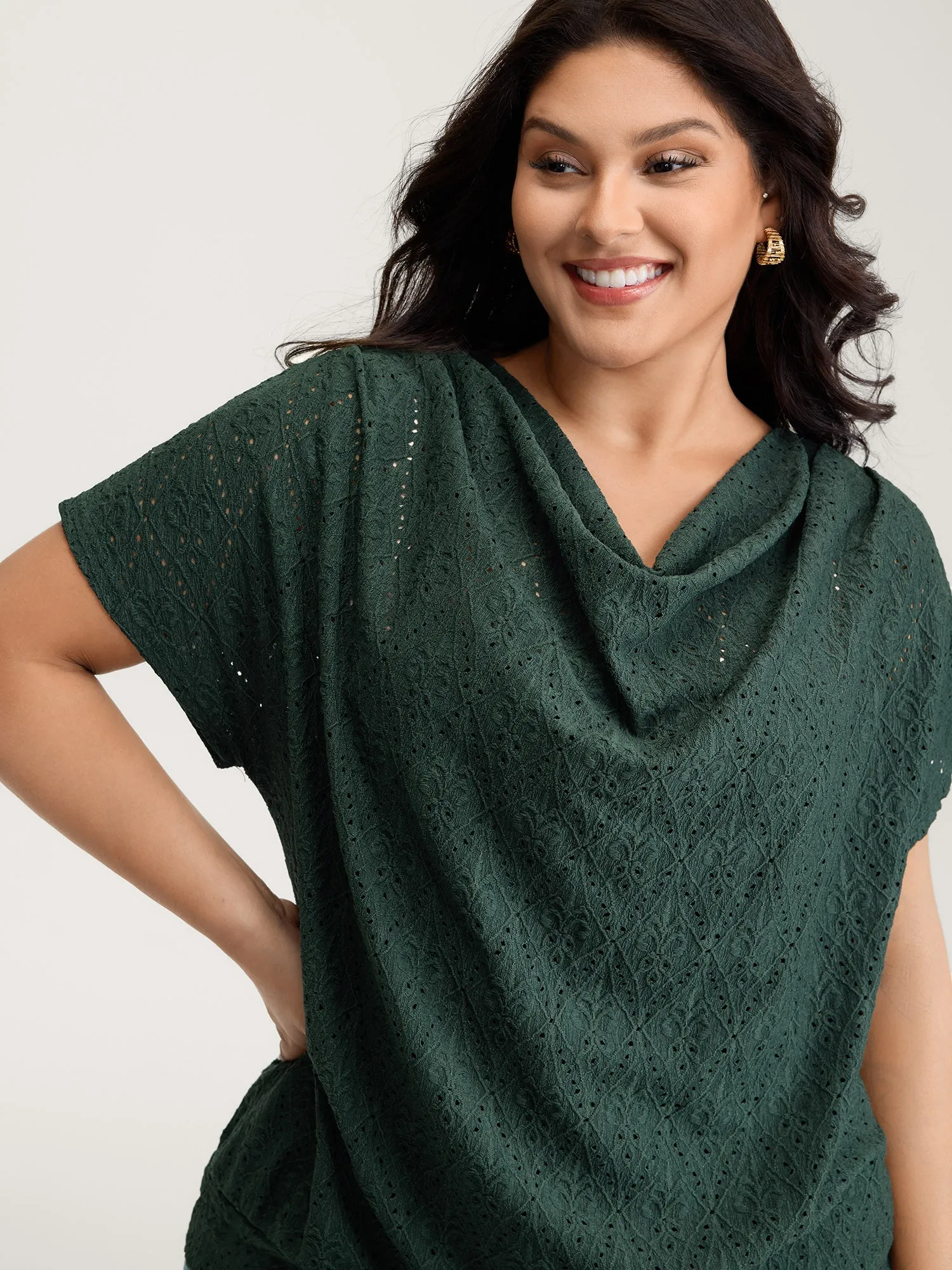 Draped Neckline Textured Button Back Blouse sold by Bloomchic