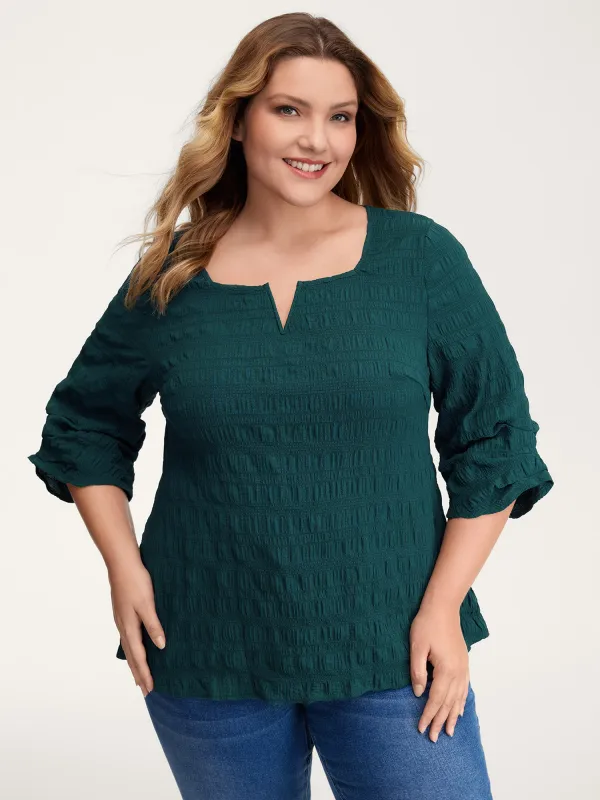 Textured Gathered Sleeve Solid Blouse sold by Bloomchic