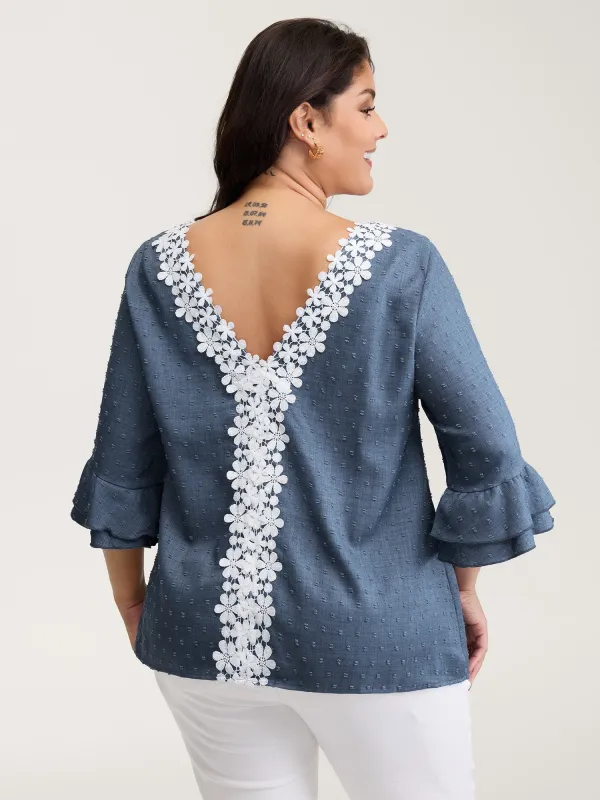 Textured Backless Lace Trim Blouse sold by Bloomchic