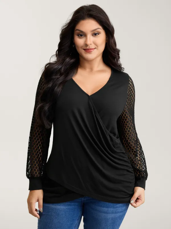 Crossover Draped Lace Sheer Sleeve Knit Top sold by Bloomchic