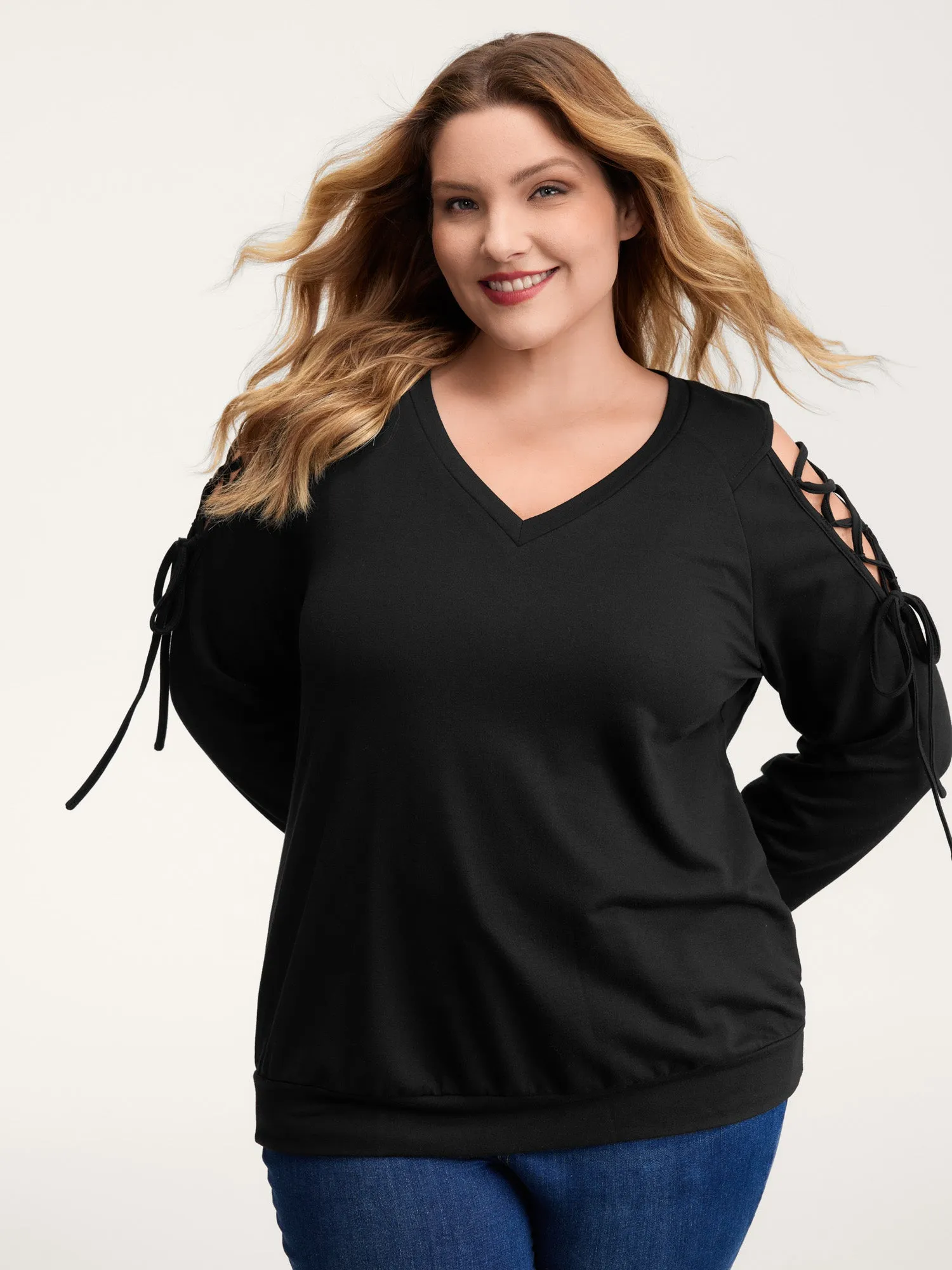 Shoulder Crosstie Design V-Neck Sweatshirt sold by Bloomchic product image thumbnail 2