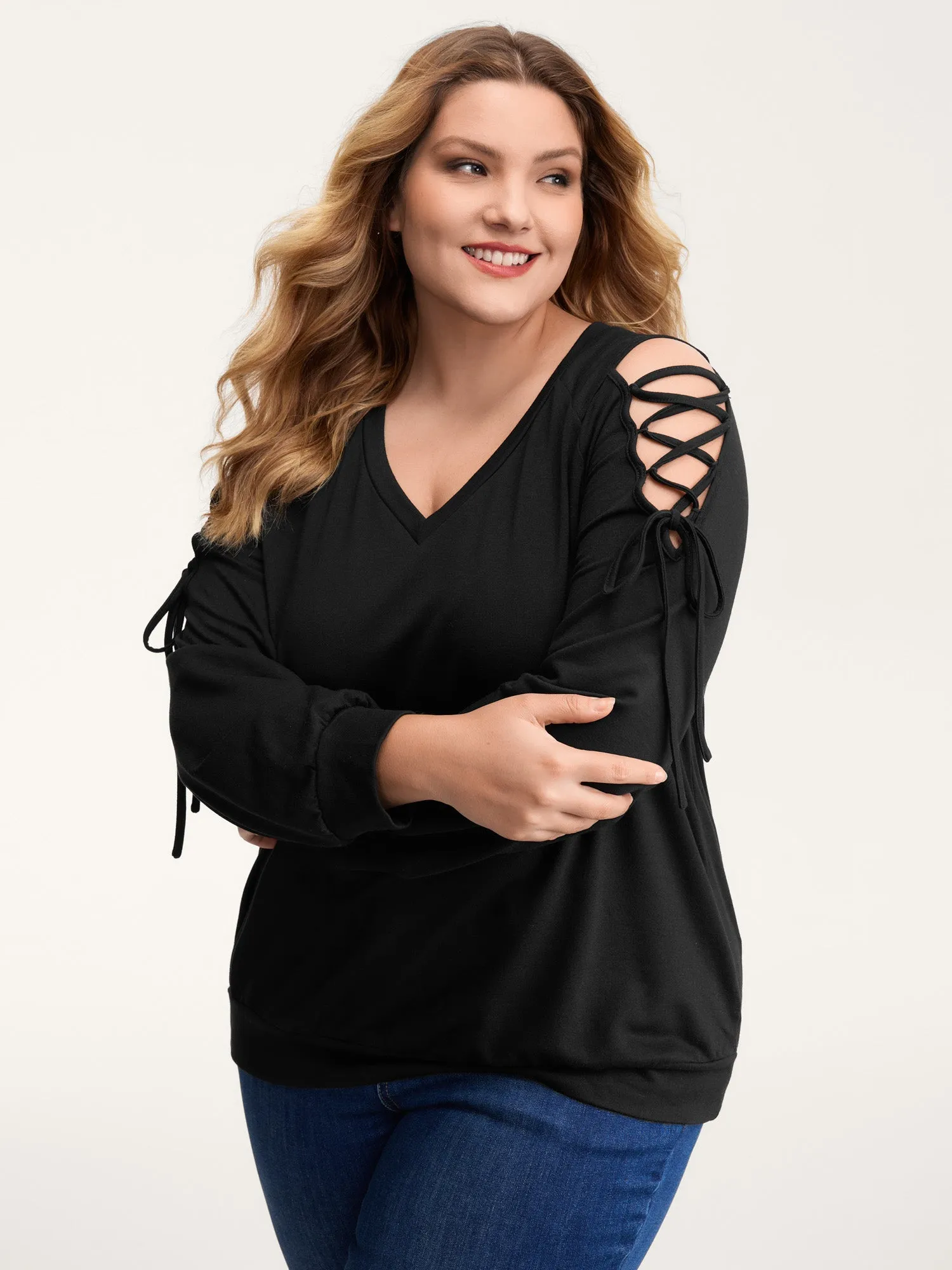 Shoulder Crosstie Design V-Neck Sweatshirt sold by Bloomchic