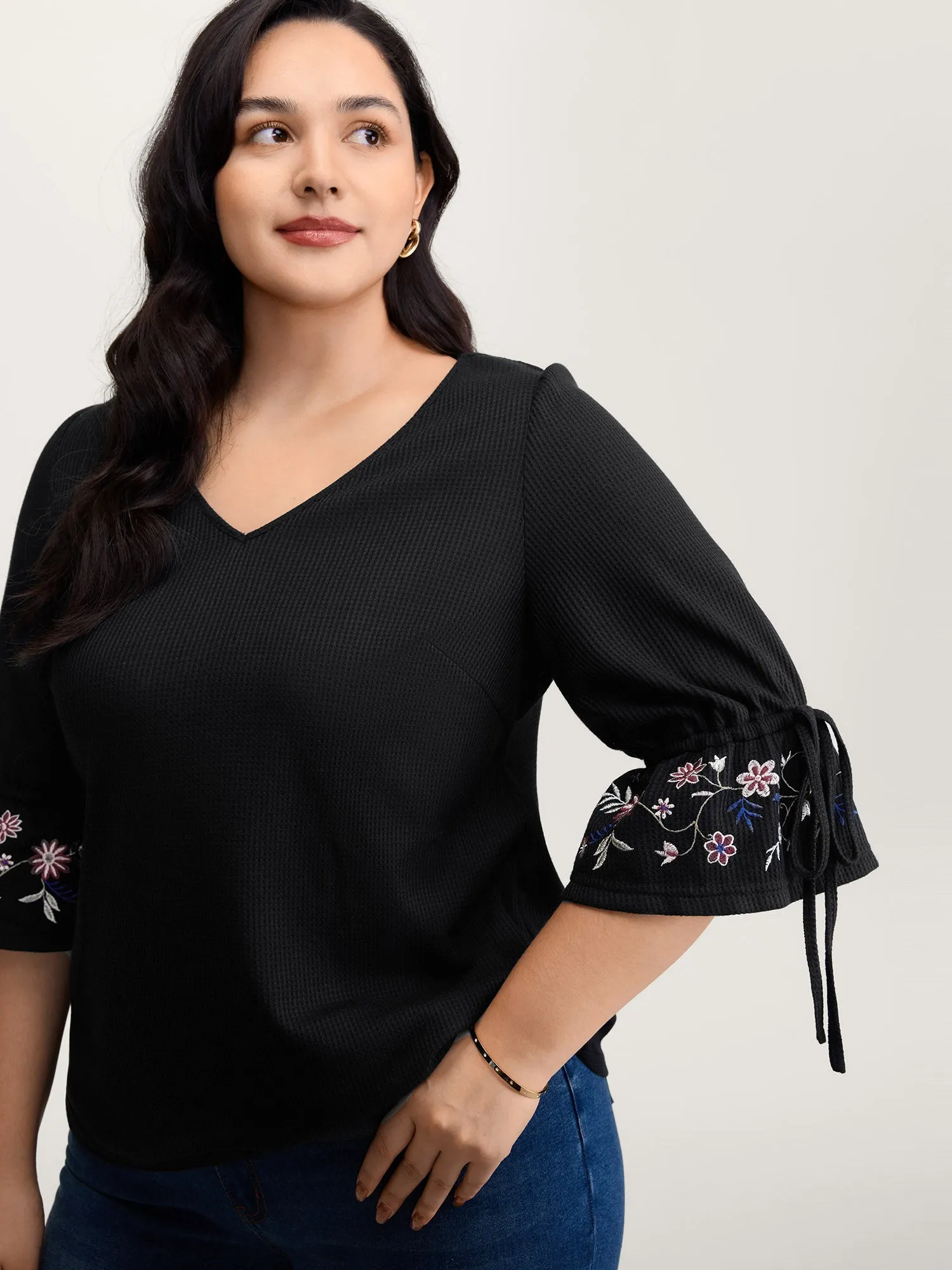 Floral Sleeve Embroidery Drawstring Knit Top sold by Bloomchic product image thumbnail 2