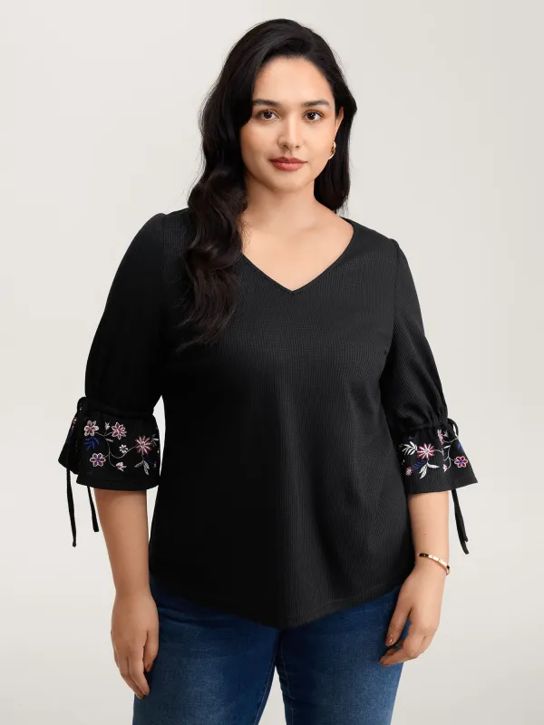 Floral Sleeve Embroidery Drawstring Knit Top sold by Bloomchic