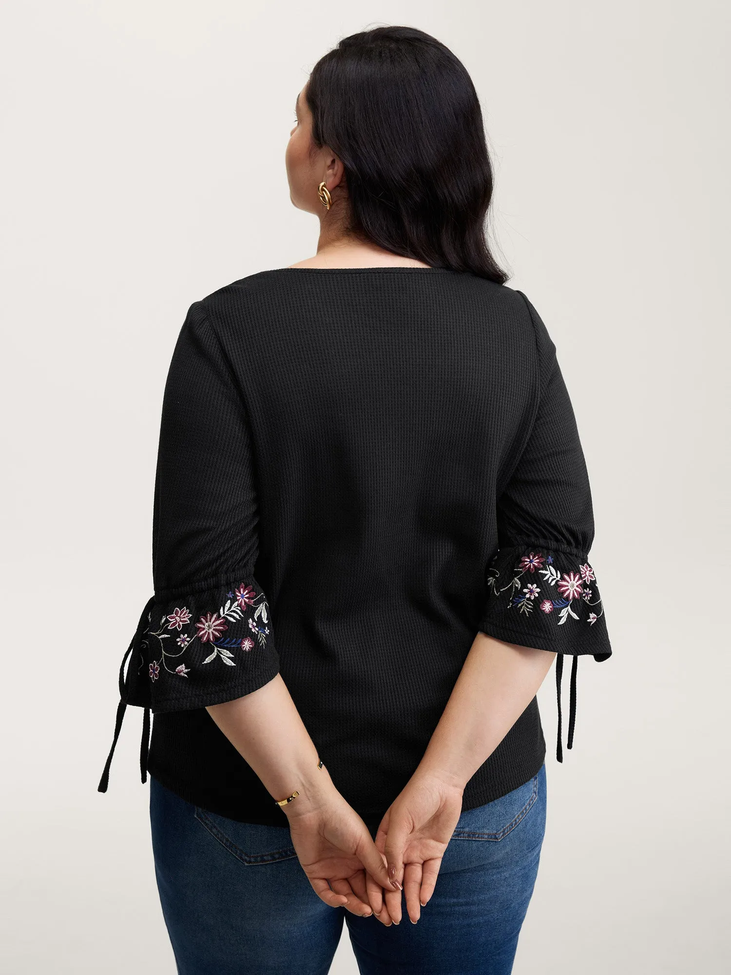 Floral Sleeve Embroidery Drawstring Knit Top sold by Bloomchic product image thumbnail 4