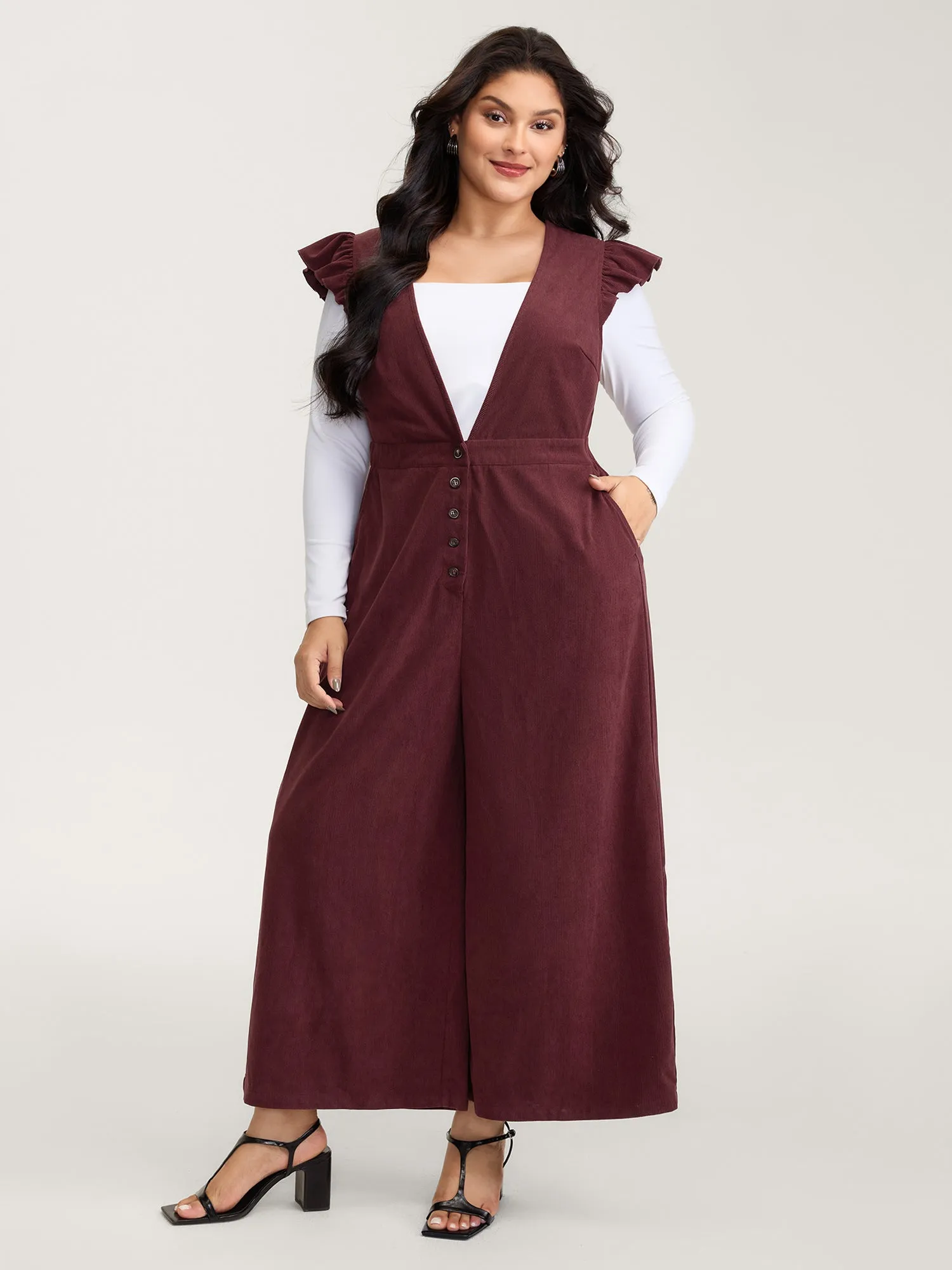 Corduroy Stretchy Waist Flutter Sleeve Jumpsuit sold by Bloomchic product image thumbnail 3
