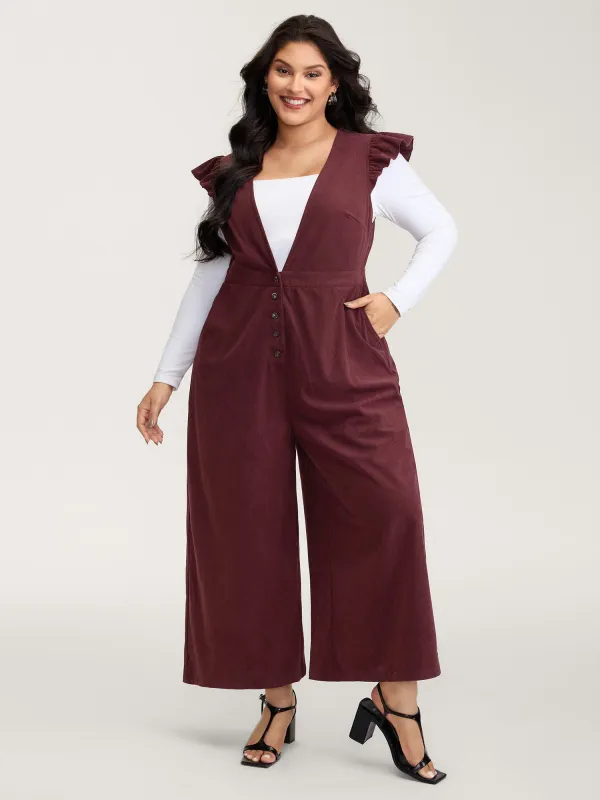 Corduroy Stretchy Waist Flutter Sleeve Jumpsuit sold by Bloomchic