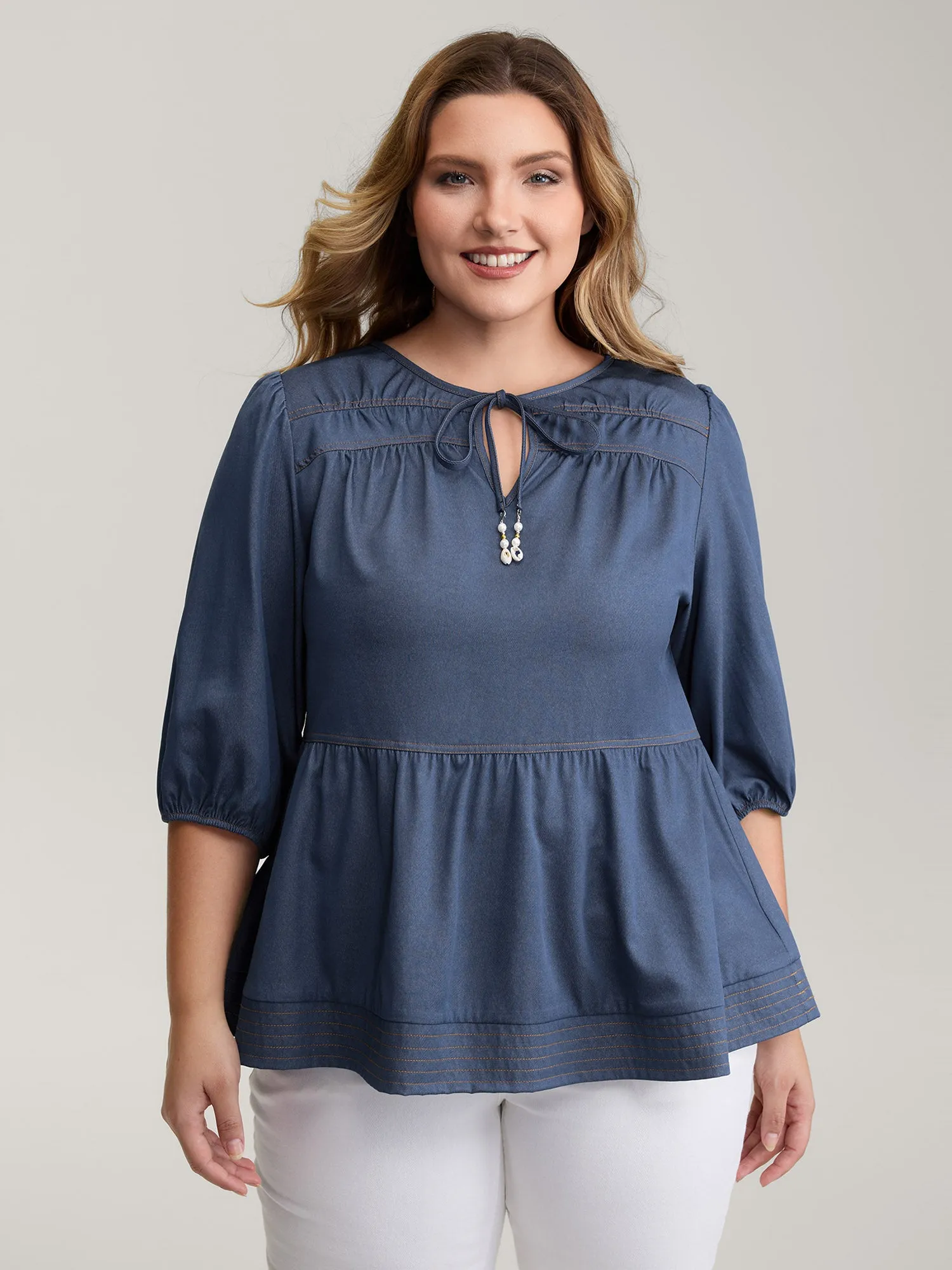Relaxed-Fit Denim-Style Neck Tie Blouse sold by Bloomchic