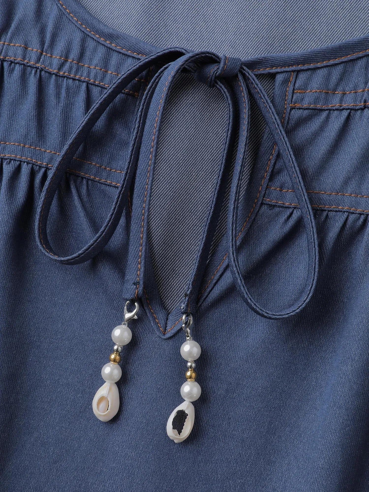 Relaxed-Fit Denim-Style Neck Tie Blouse sold by Bloomchic product image thumbnail 5