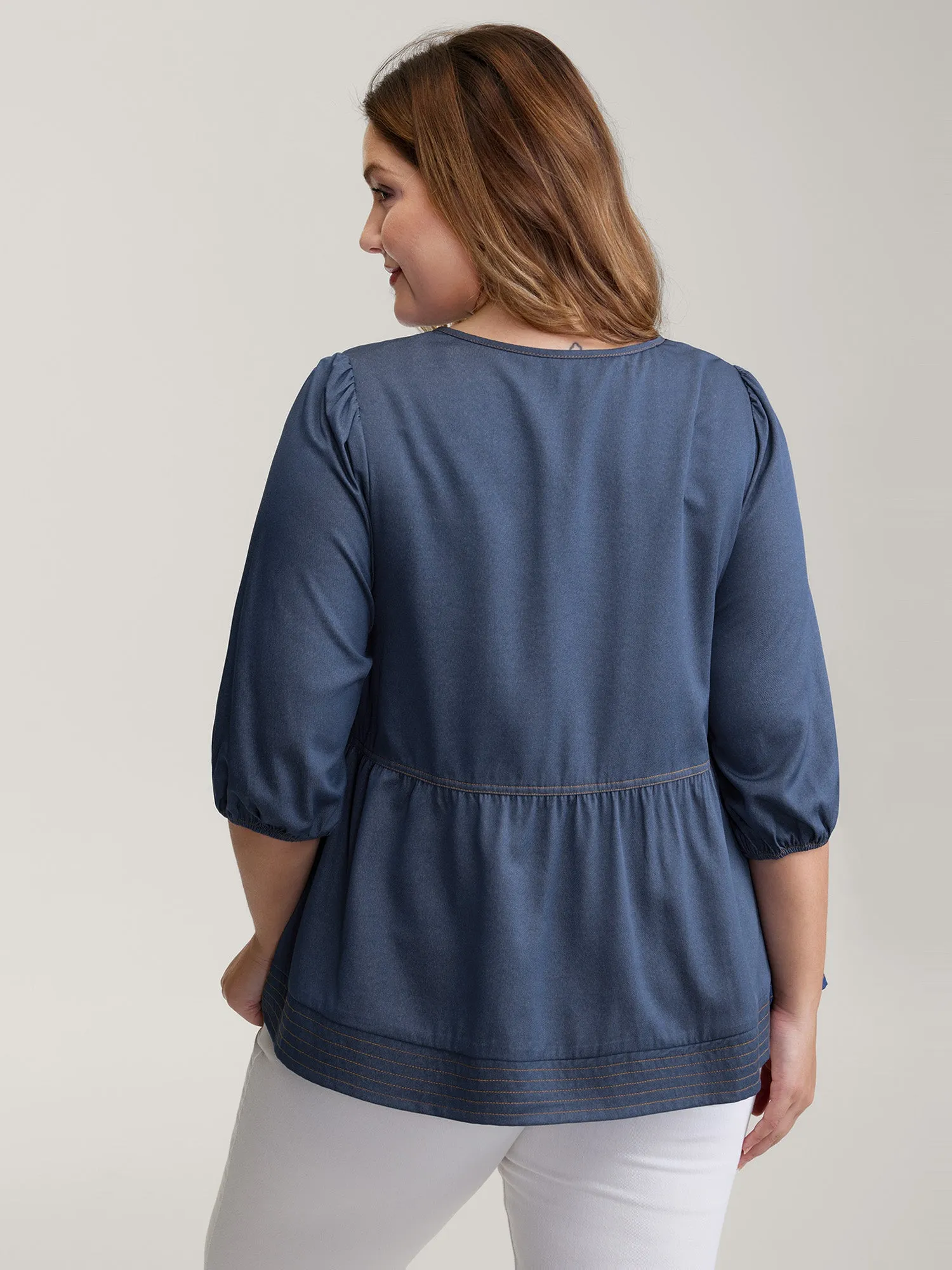 Relaxed-Fit Denim-Style Neck Tie Blouse sold by Bloomchic product image thumbnail 4