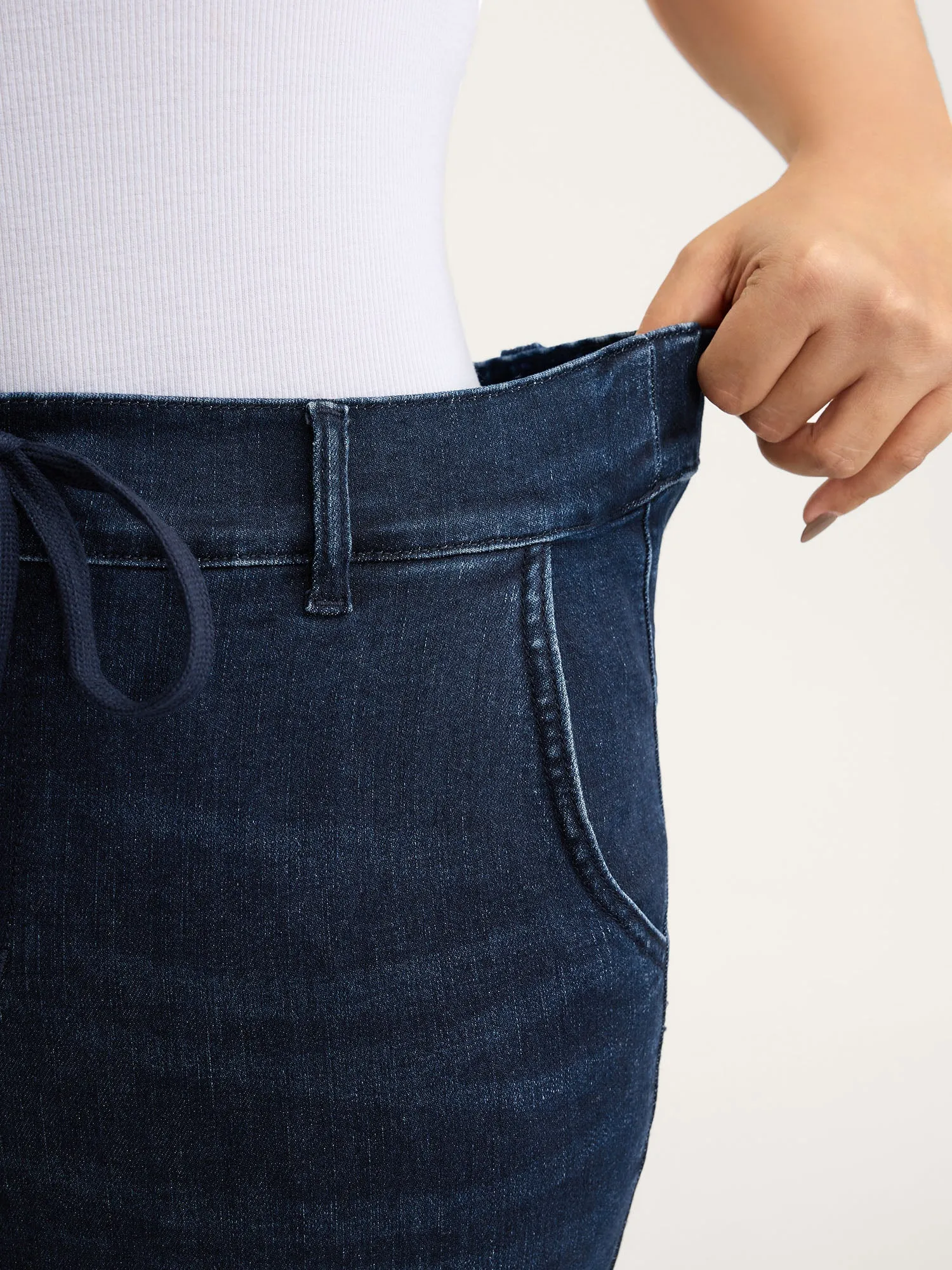 Supersoft Elastic Waistband Drawstring Straight Leg Jeans sold by Bloomchic product image thumbnail 4