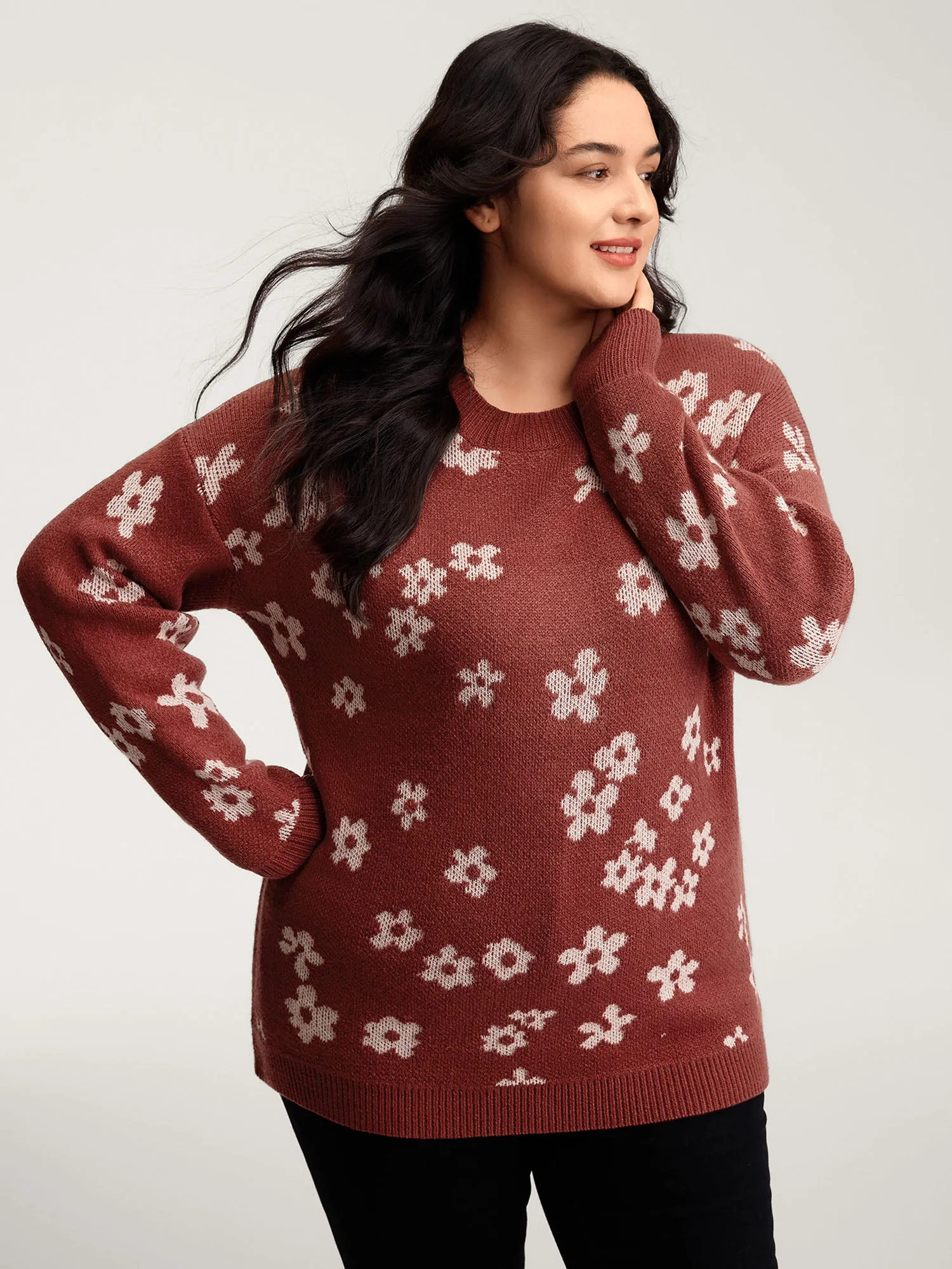 Floral Pattern Round Neck Ribbed Pullover sold by Bloomchic product image thumbnail 2