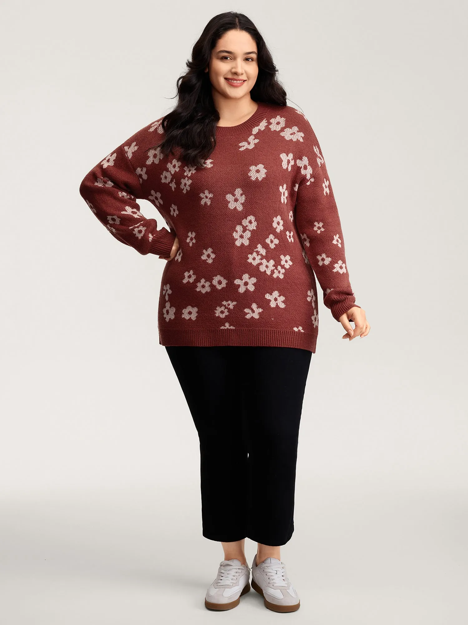 Floral Pattern Round Neck Ribbed Pullover sold by Bloomchic product image thumbnail 3