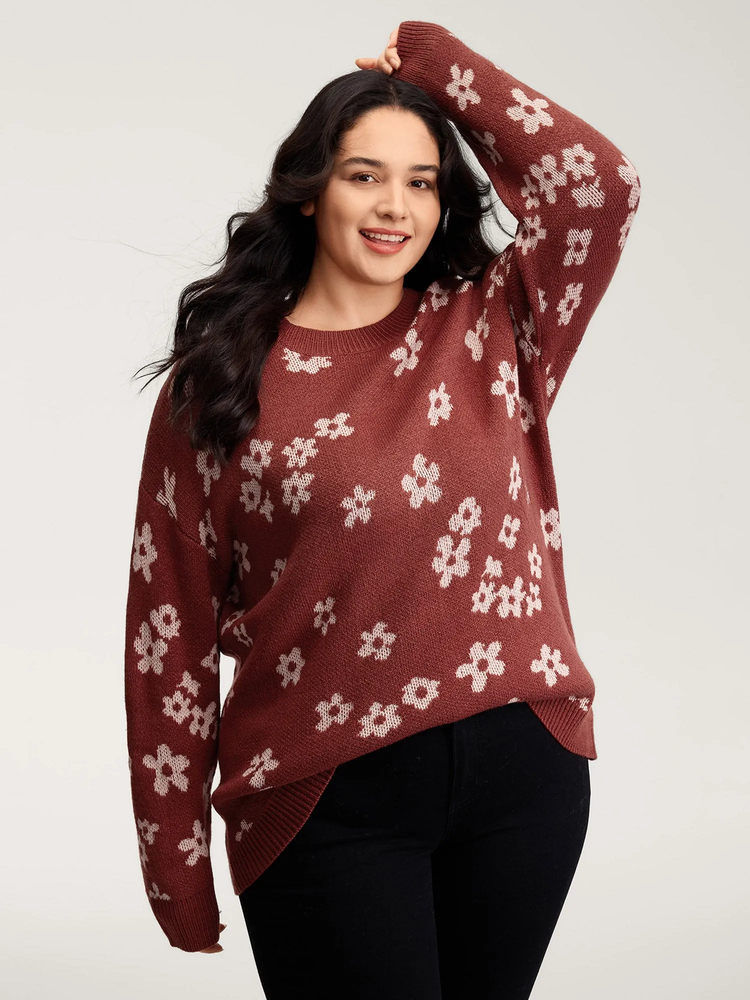 Floral Pattern Round Neck Ribbed Pullover sold by Bloomchic