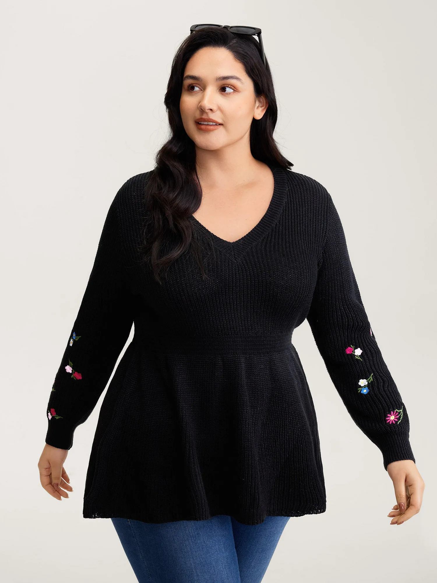 Embroidered Sleeve Stretchy Cinched-Waist Pullover sold by Bloomchic