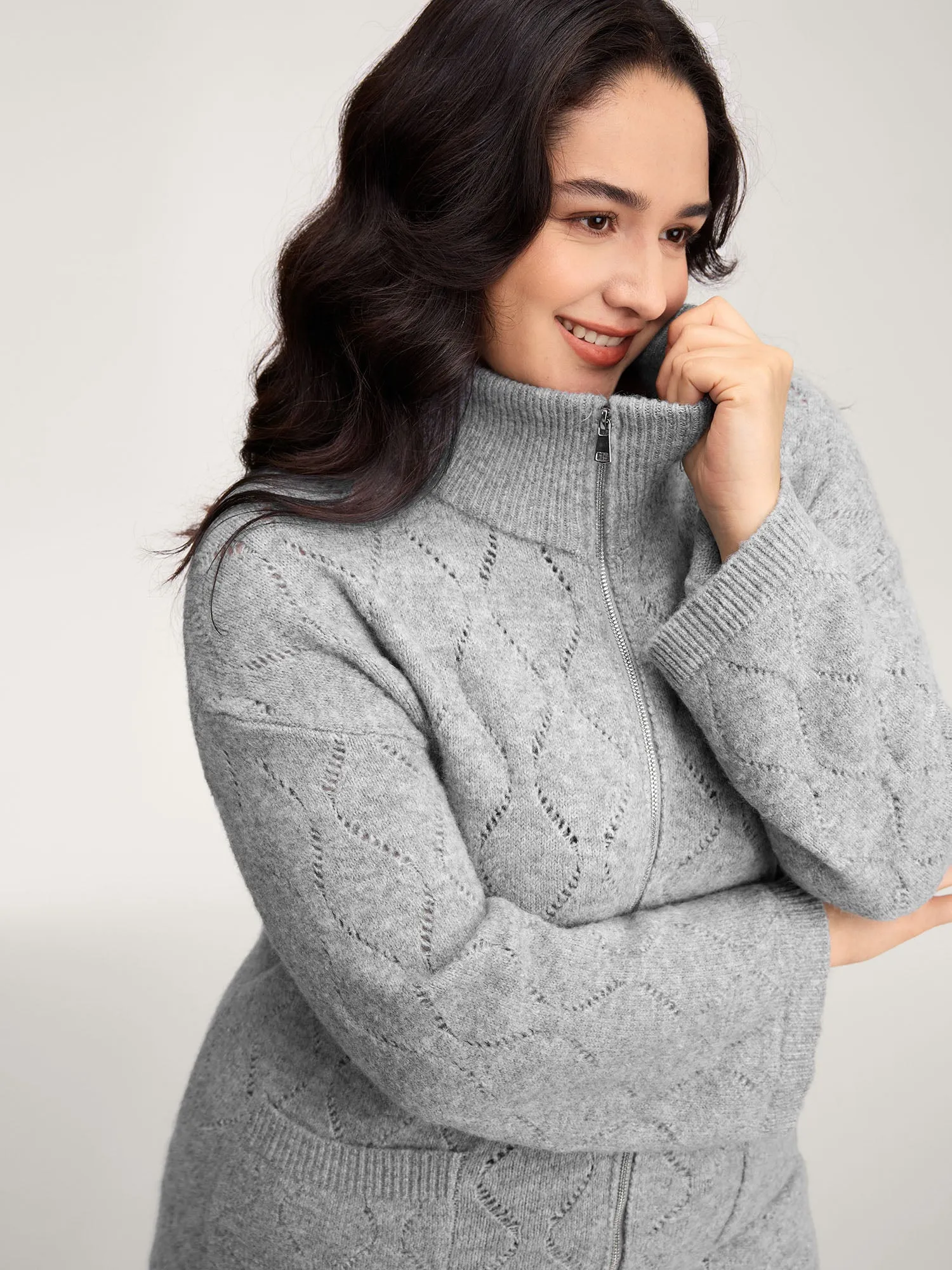 Textured Flared Sleeve Zipper Knit Cardigan sold by Bloomchic product image thumbnail 2