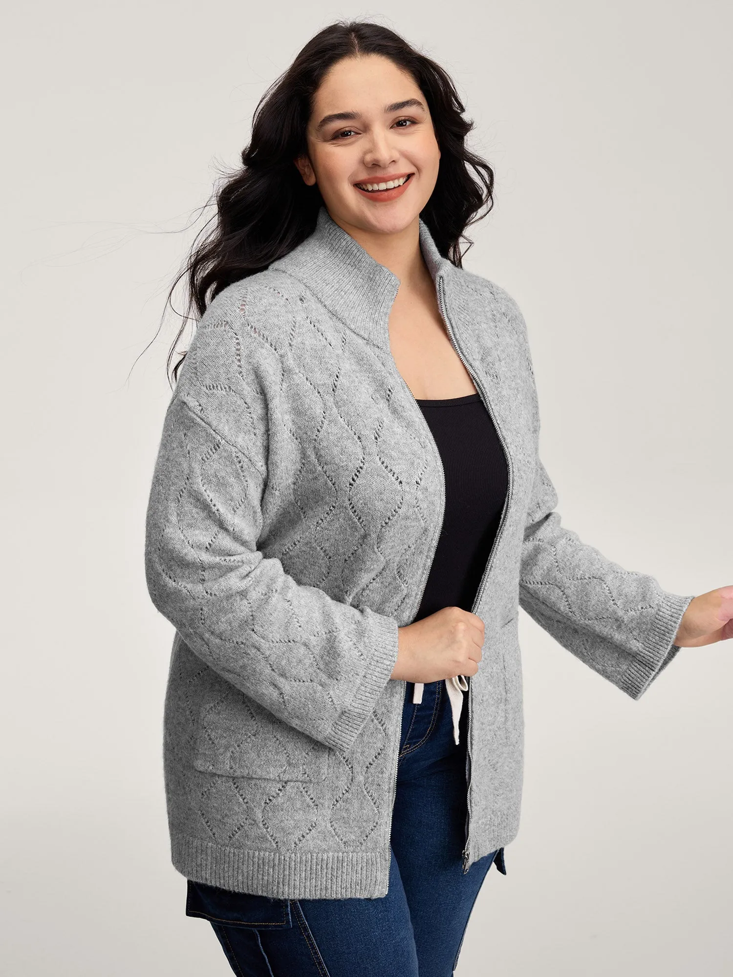 Textured Flared Sleeve Zipper Knit Cardigan sold by Bloomchic