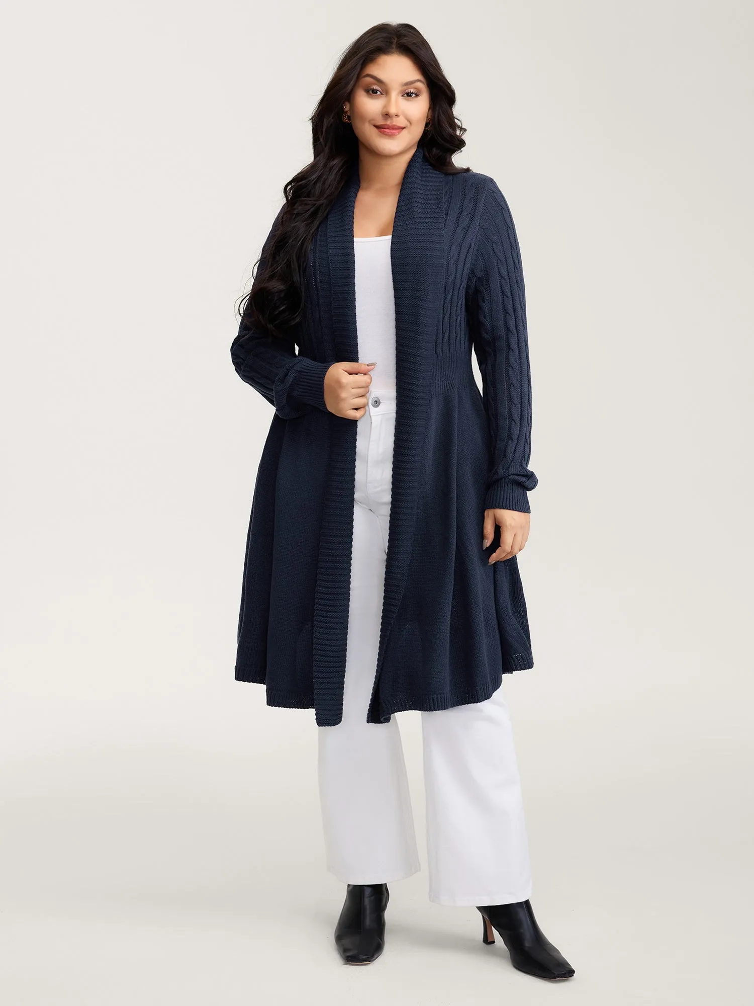 Cable Knit Cinched-Flared Waist Knit Cardigan sold by Bloomchic product image thumbnail 3