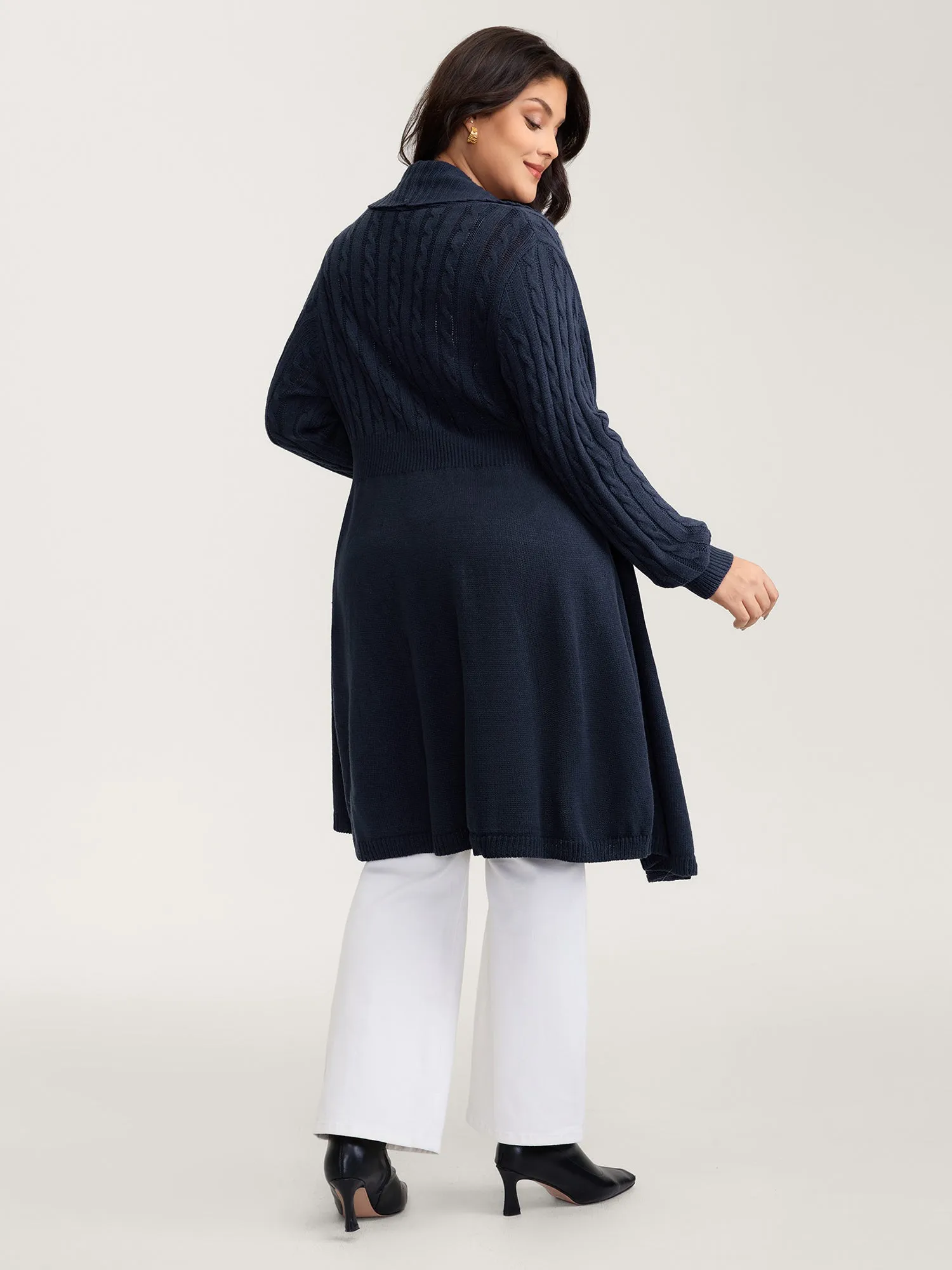 Cable Knit Cinched-Flared Waist Knit Cardigan sold by Bloomchic product image thumbnail 4