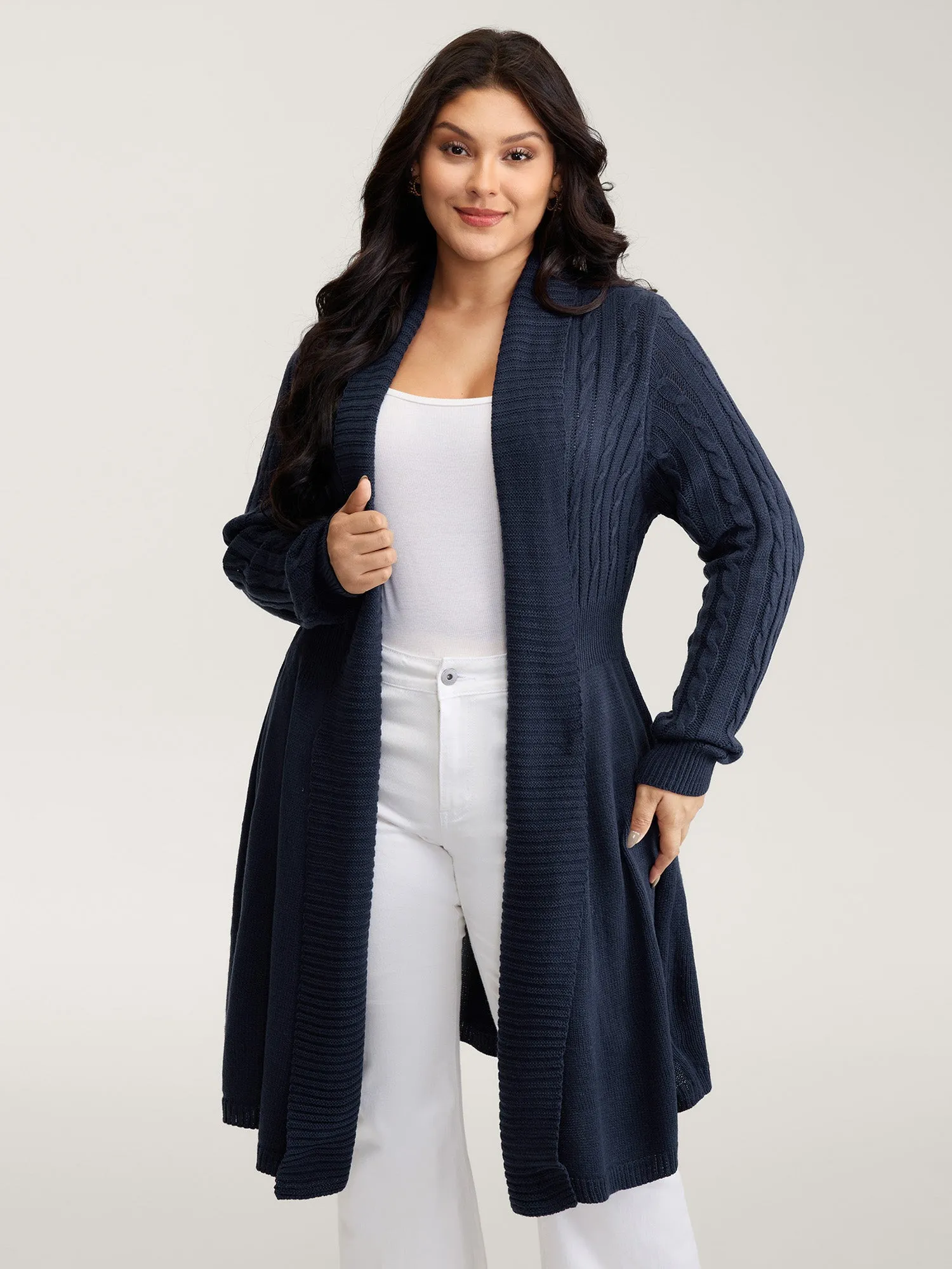 Cable Knit Cinched-Flared Waist Knit Cardigan sold by Bloomchic