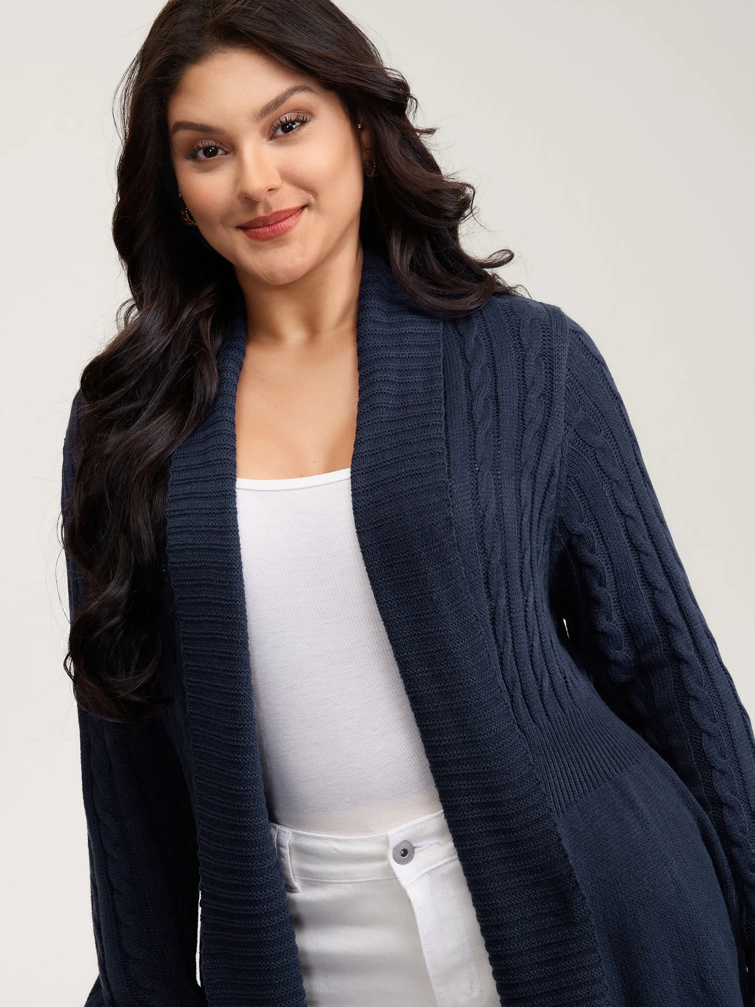 Cable Knit Cinched-Flared Waist Knit Cardigan sold by Bloomchic product image thumbnail 2