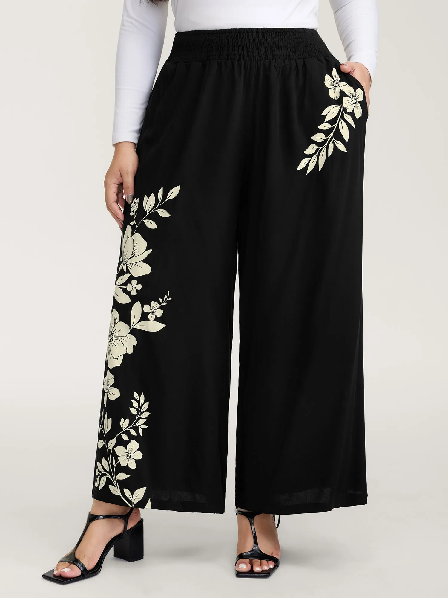 Floral Print Shirred Waist Wide-Leg Pants sold by Bloomchic
