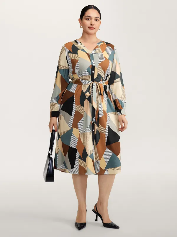 Geometric Print Contrast Tab Sleeve Midi Dress sold by Bloomchic