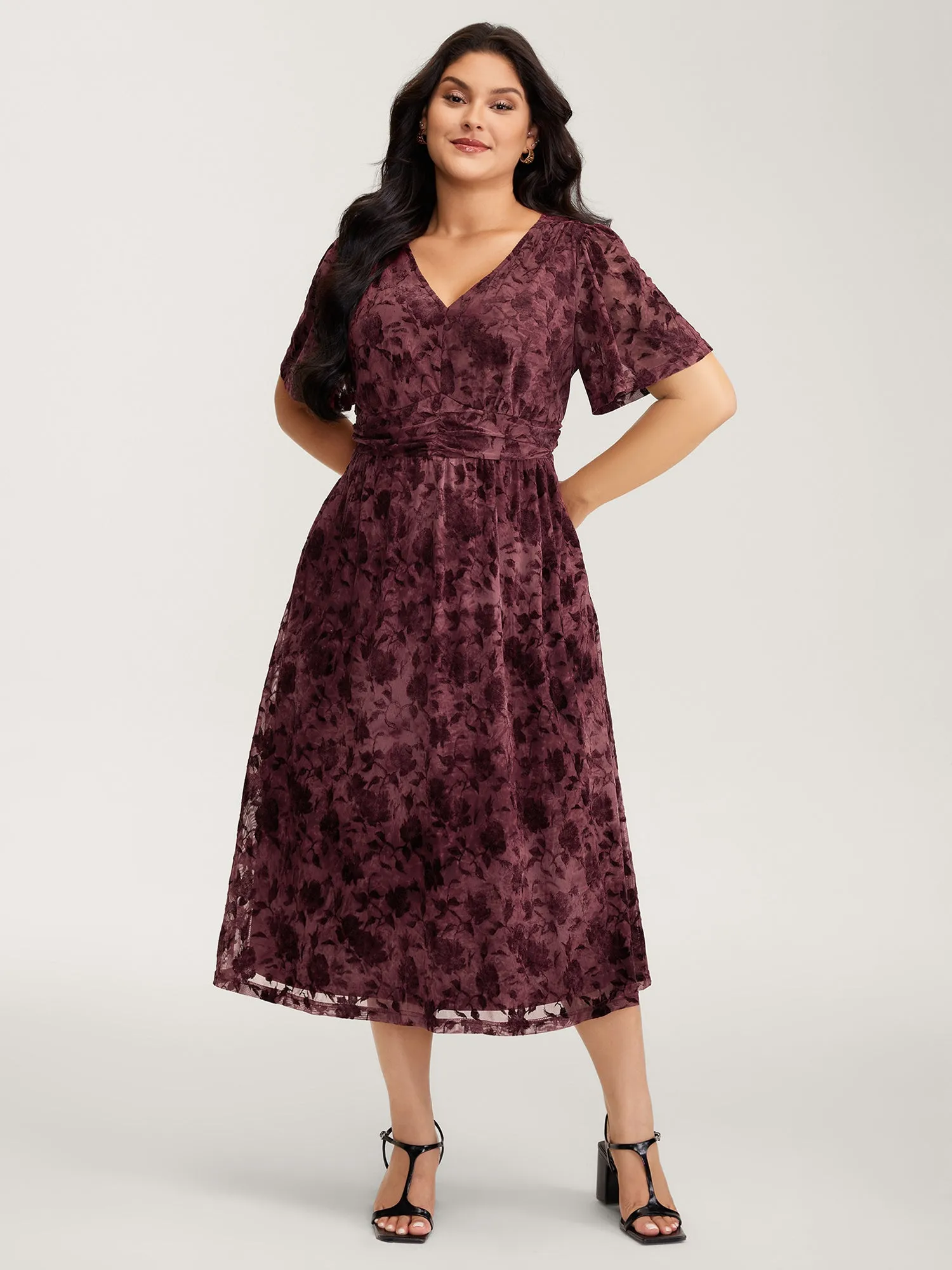 Velvet Jacquard Pleated Waist Sheer Midi Dress sold by Bloomchic product image thumbnail 3