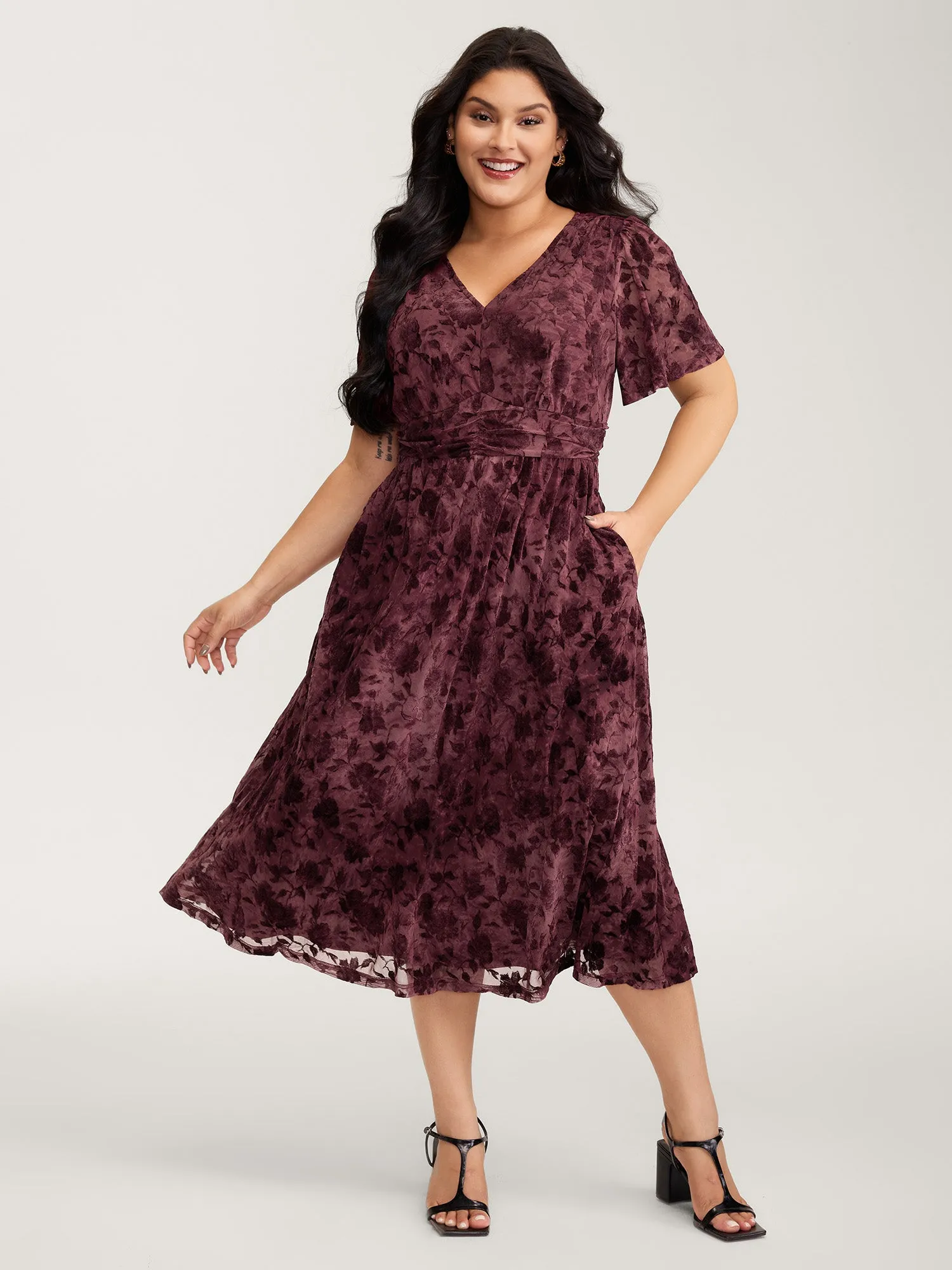 Velvet Jacquard Pleated Waist Sheer Midi Dress sold by Bloomchic