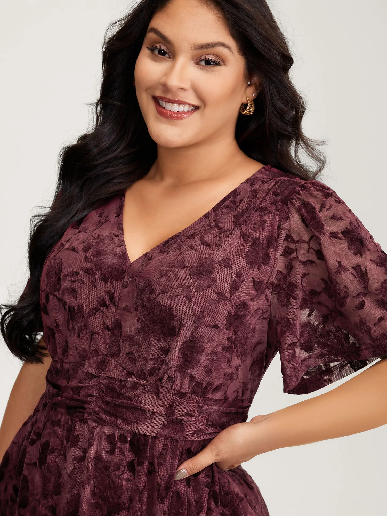 Velvet Jacquard Pleated Waist Sheer Midi Dress sold by Bloomchic product image thumbnail 2