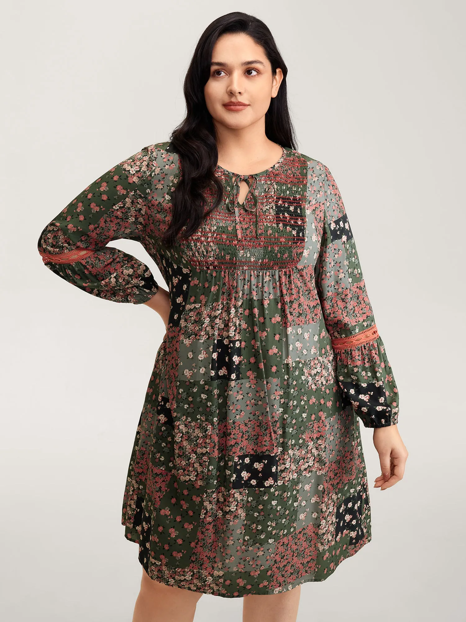 Floral Patchwork Shirred Pockets Midi Dress sold by Bloomchic