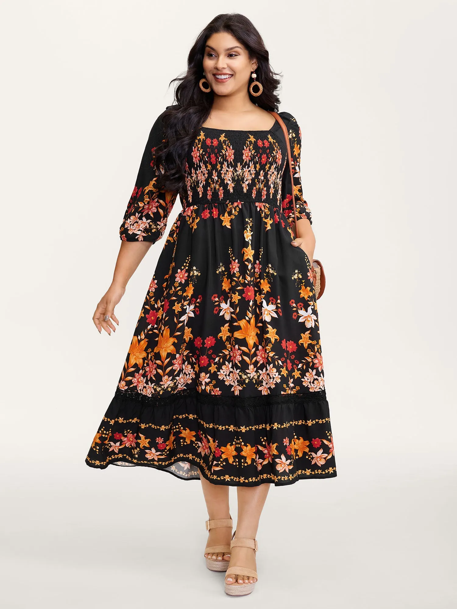 Floral Print Lace Trim Shirred Maxi Dress sold by Bloomchic product image thumbnail 3