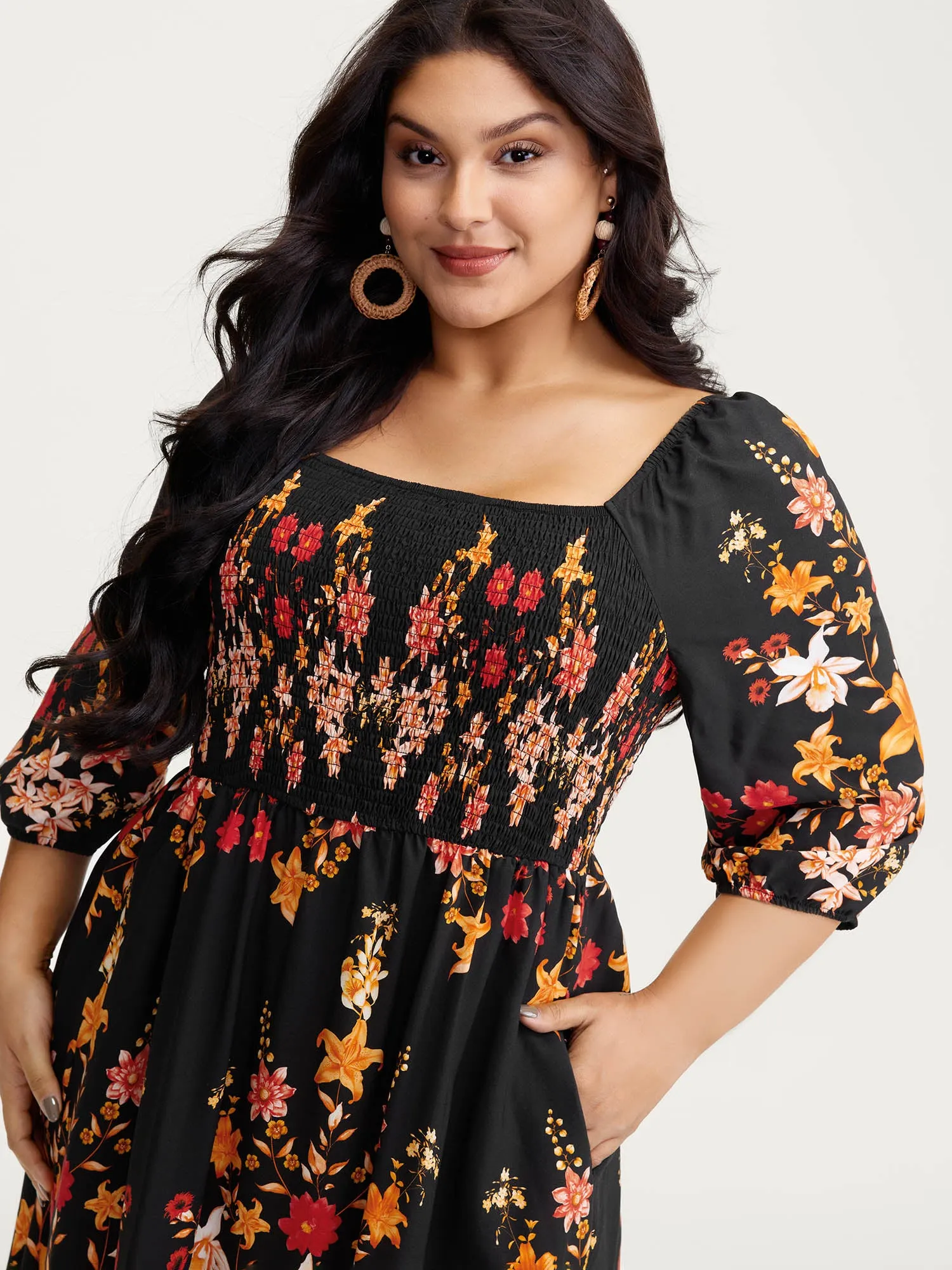 Floral Print Lace Trim Shirred Maxi Dress sold by Bloomchic product image thumbnail 2