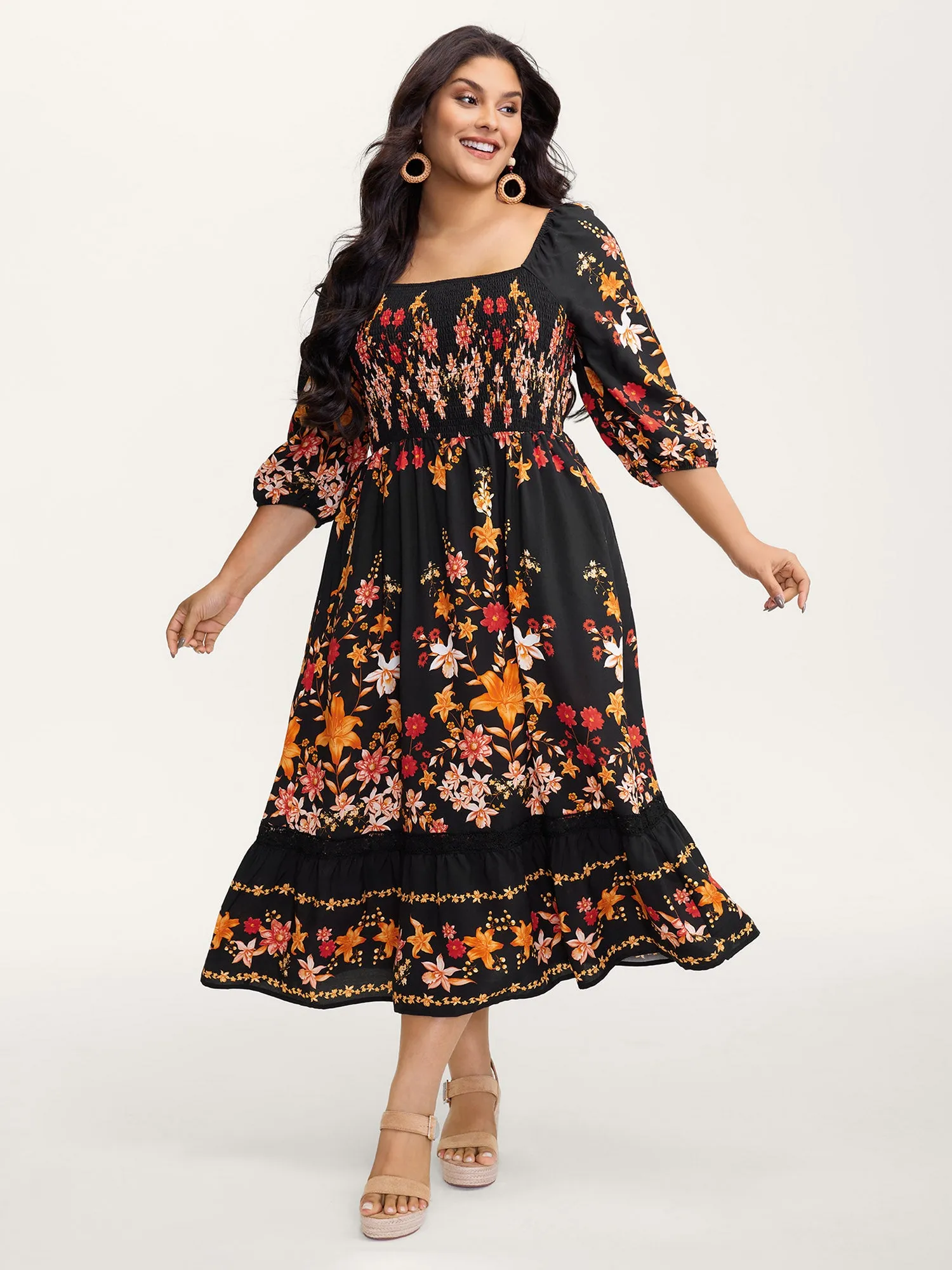 Floral Print Lace Trim Shirred Maxi Dress sold by Bloomchic