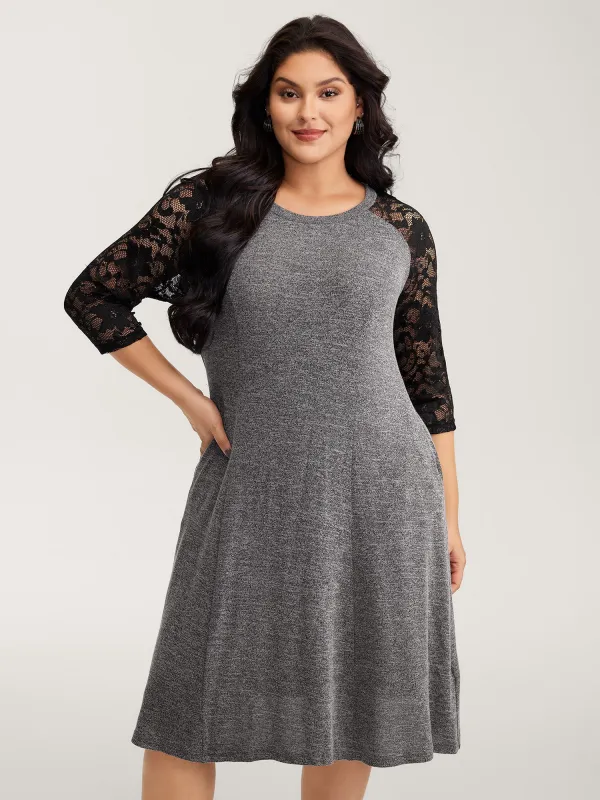 Supersoft Lace Sleeve Cinched-Waist Midi Dress sold by Bloomchic