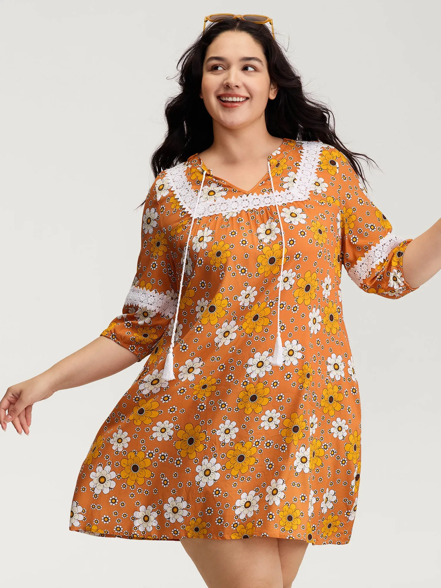 Floral Lace Trim Sheer Knee-Length Dress sold by Bloomchic