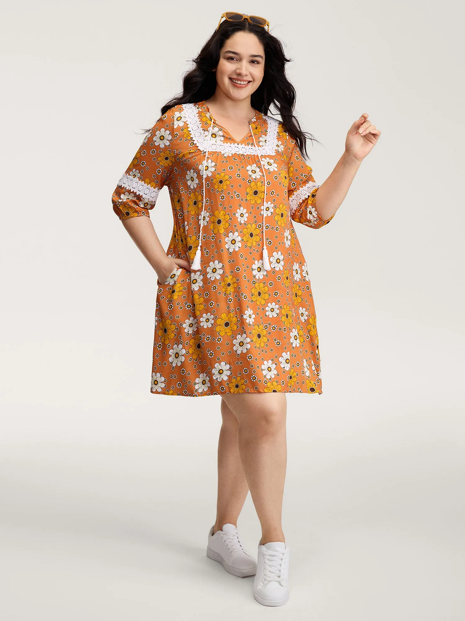 Floral Lace Trim Sheer Knee-Length Dress sold by Bloomchic product image thumbnail 3